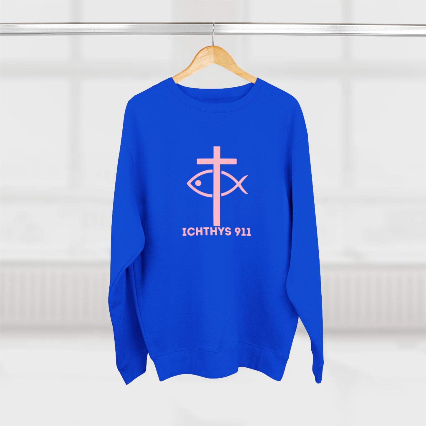 ICHTHYS 911 Minimal Pink Cross Crewneck Sweatshirt — Unisex -
