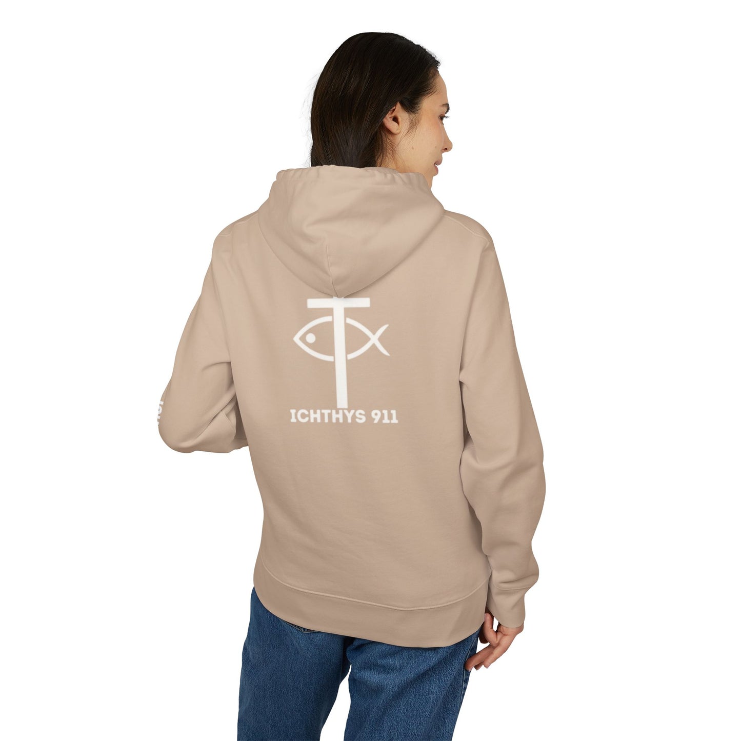 ICHTHYS 911 Hoodie – Unisex Pullover -White Font - Black Font on White - Heavy Fabric - ICHTHYS 911 Logo on Front & Back - 100% Organic