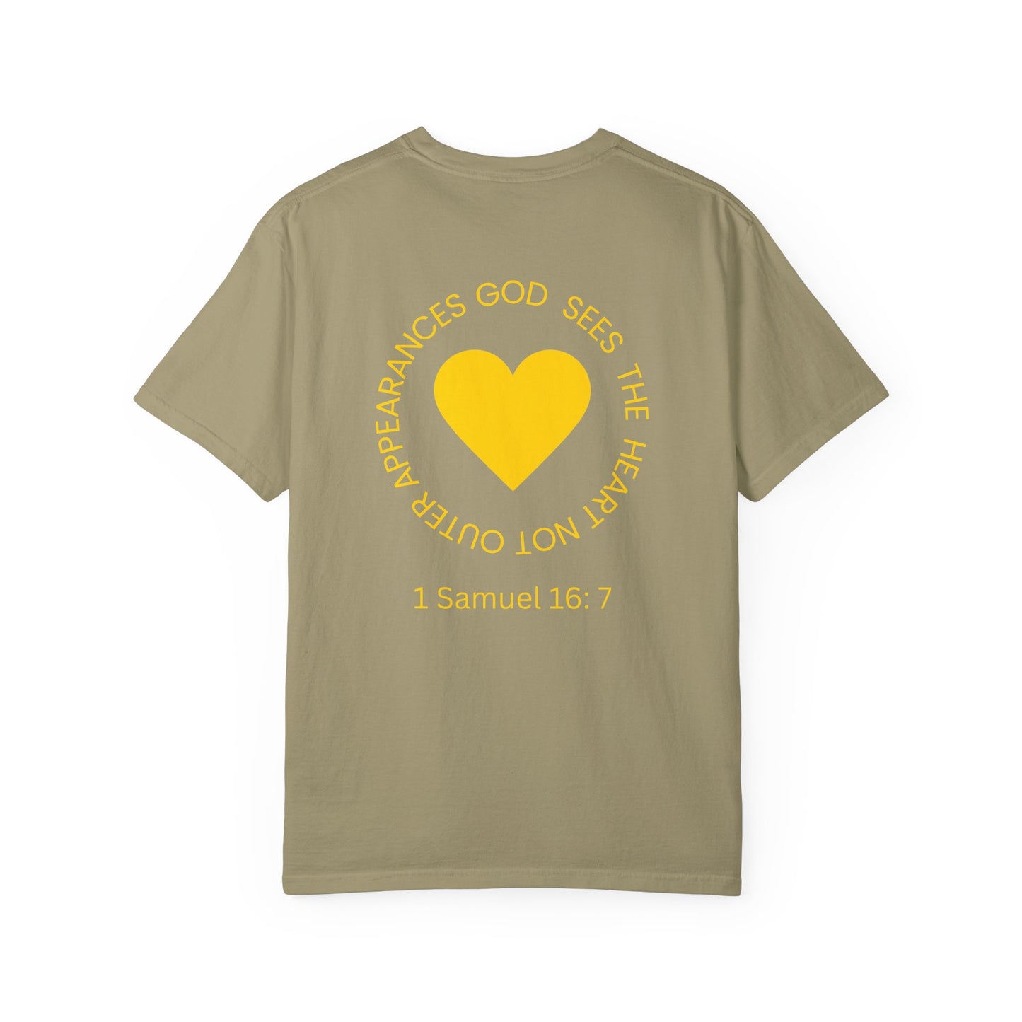 ICHTHYS 911 - "God Sees the Heart" Reverse' Gold Font - Unisex Garment - Dyed T-Shirt - 100% US Cotton - Men T-Shirt - Women T-Shirt - Inspirational Graphic T-Shirt for Everyday Motivation