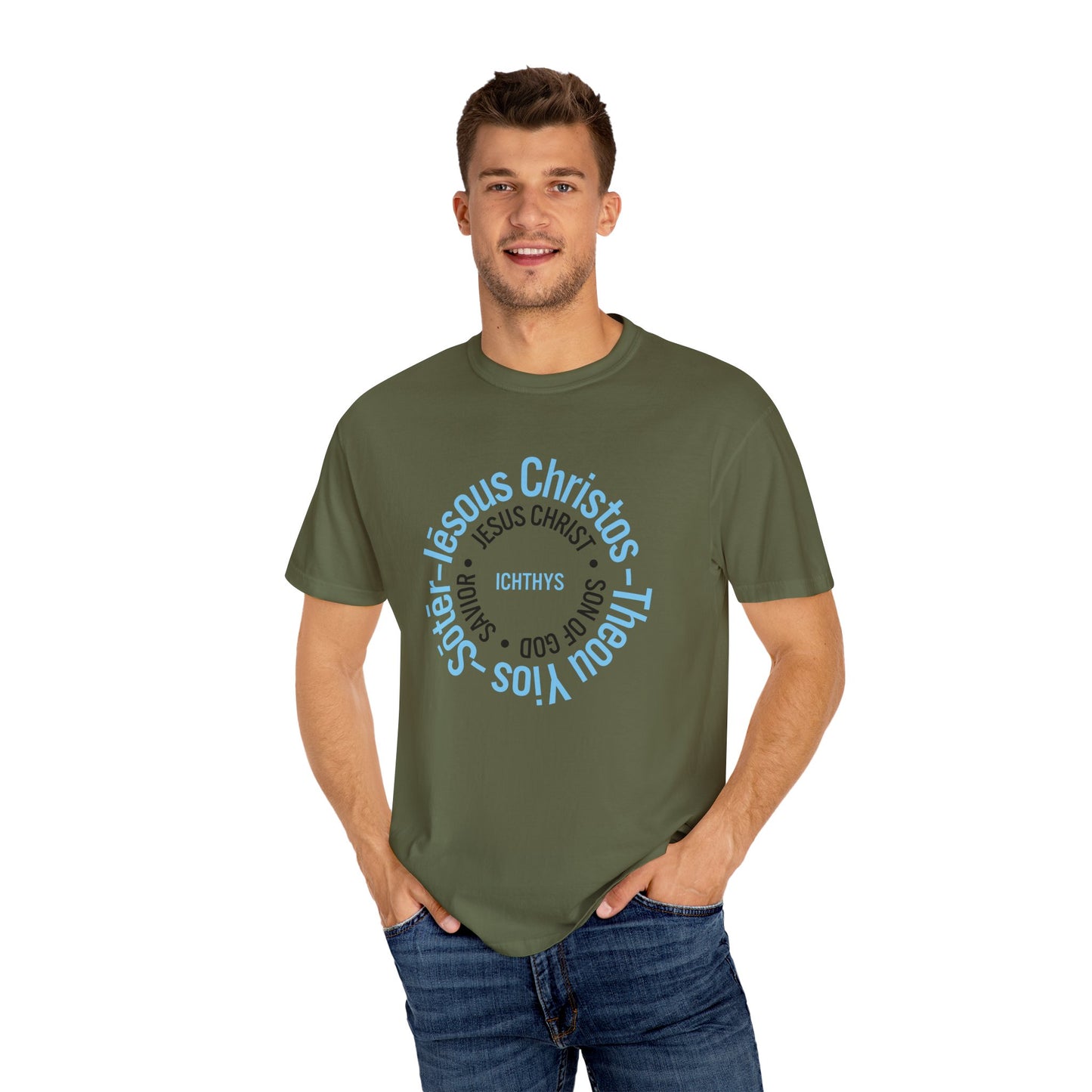 ICHTHYS 911 Blue & Black Font "Iēsous Christos, Theou Yios, Sōtēr" - Collection - Reverse Design - Unisex Garment Dyed - 100% US Cotton - Christian Graphic Tee - Gym - T - Christian Faith - Jesus Wear - Women T-Shirt - Men T-Shirt