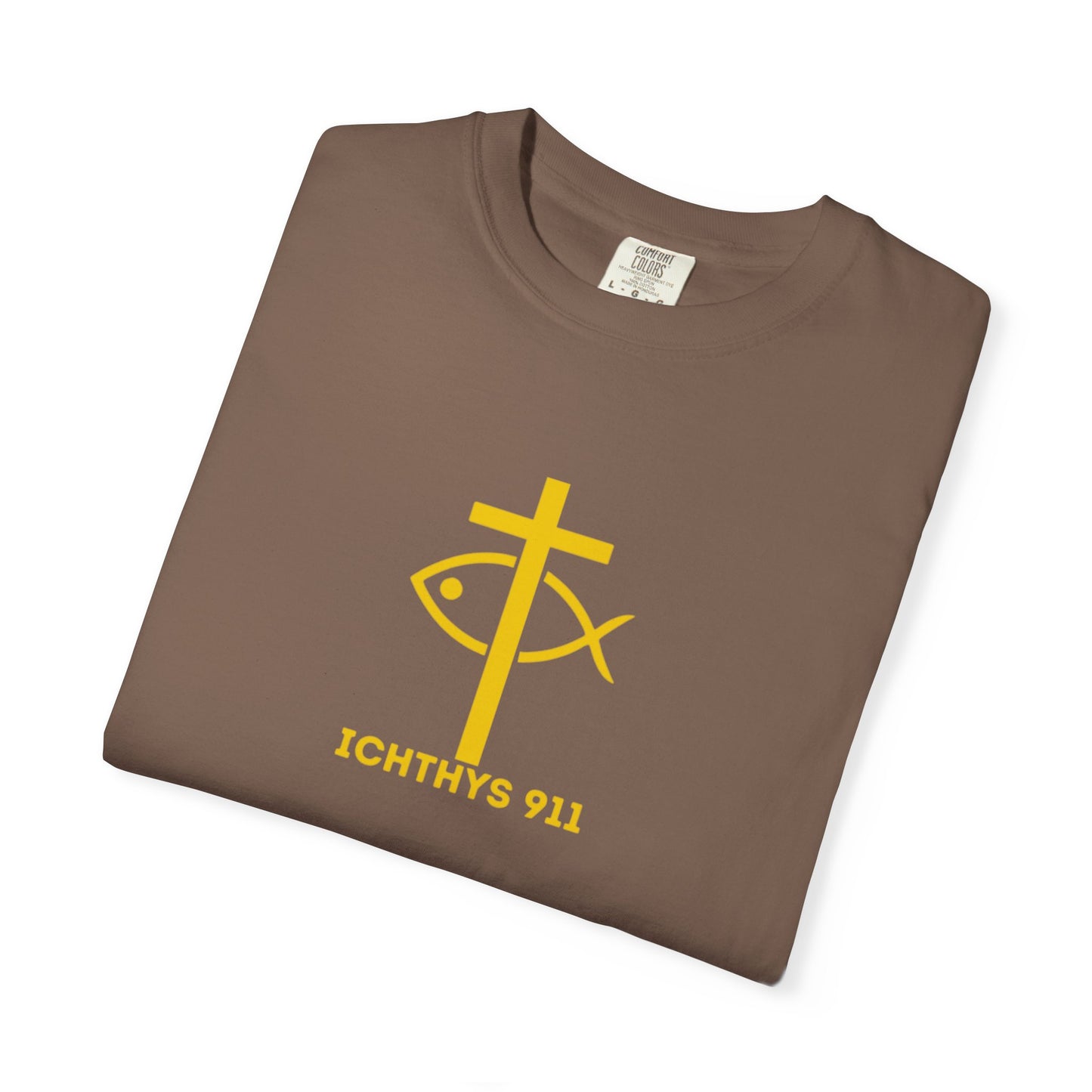 ICHTHYS 911 - "God Sees the Heart" Reverse' Gold Font - Unisex Garment - Dyed T-Shirt - 100% US Cotton - Men T-Shirt - Women T-Shirt - Inspirational Graphic T-Shirt for Everyday Motivation