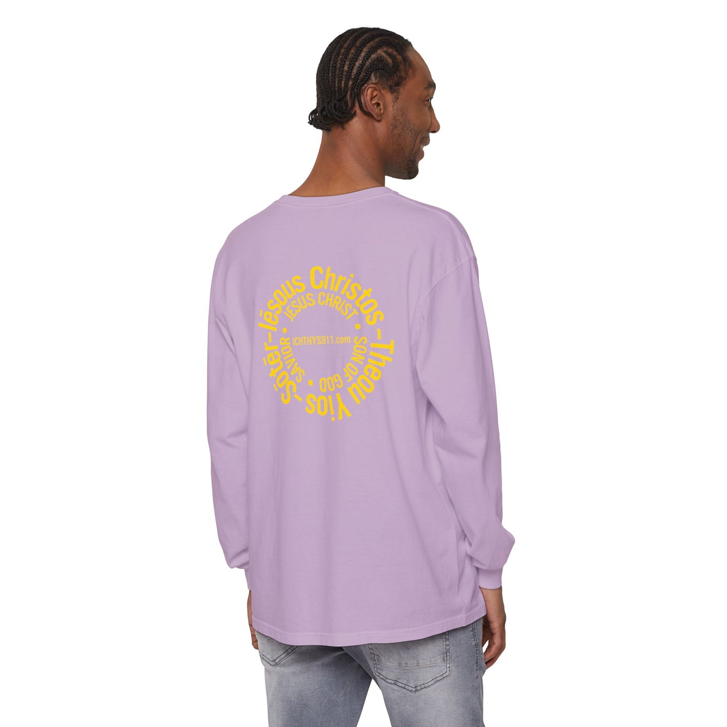 Authentic ICHTHYS 911 Collection -  Gold Font - Unisex Garment Dyed Long Sleeve T-Shirt - Men Long Sleeve - Women Long Sleeve - Christian Faith Symbol Tee - Faith Inspired