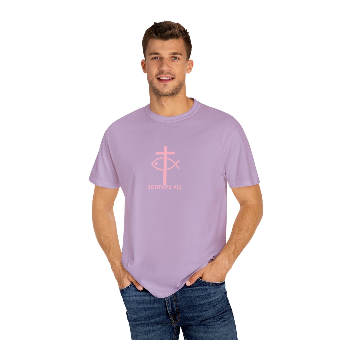 ICHTHYS 911 "Strength Through Christ Philippians 4:13" - Pink Font - Unisex Garment Dyed T-Shirt - 100% US Cotton -Men T-Shirt - Women T-Shirt - Christian Activewear - Wear Your Faith - T-Shirt
