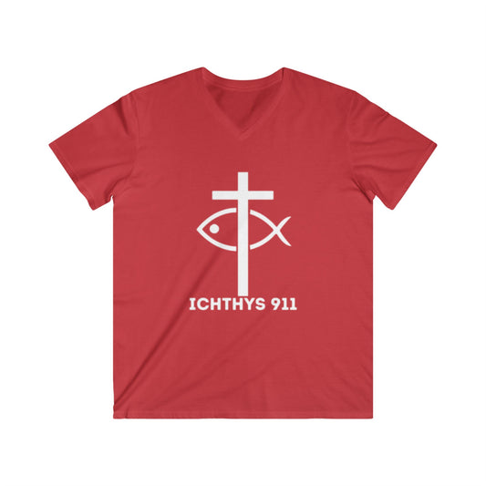 ICHTHYS 911 - Authentic Collection - Men's Fitted V-Neck Short Sleeve T - Shirt - W/O IC 911 on Back Faith-Inspired - Christian Faith - White Font