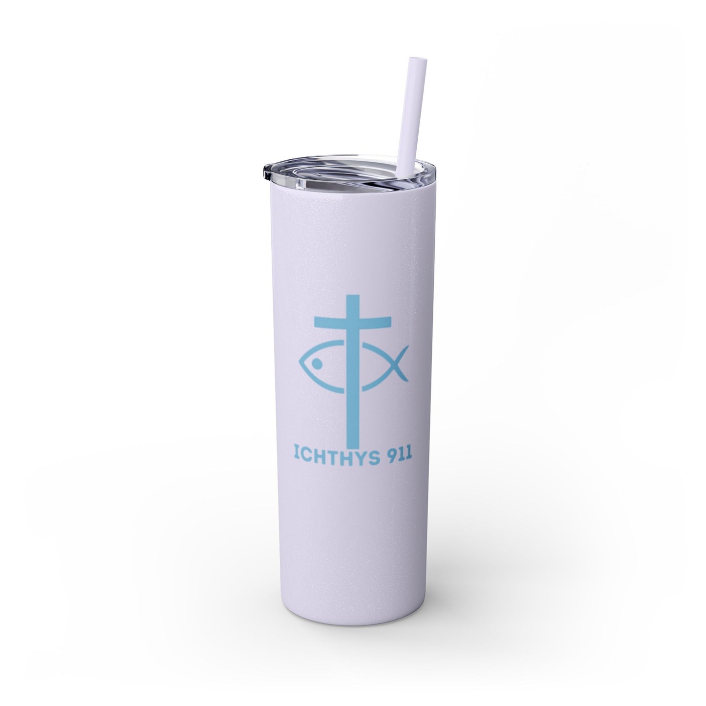ICHTHYS 911 Pink & Blue Faith-Inspired Skinny Tumbler with Straw - 20oz Baby Shower Drip - Party Favor