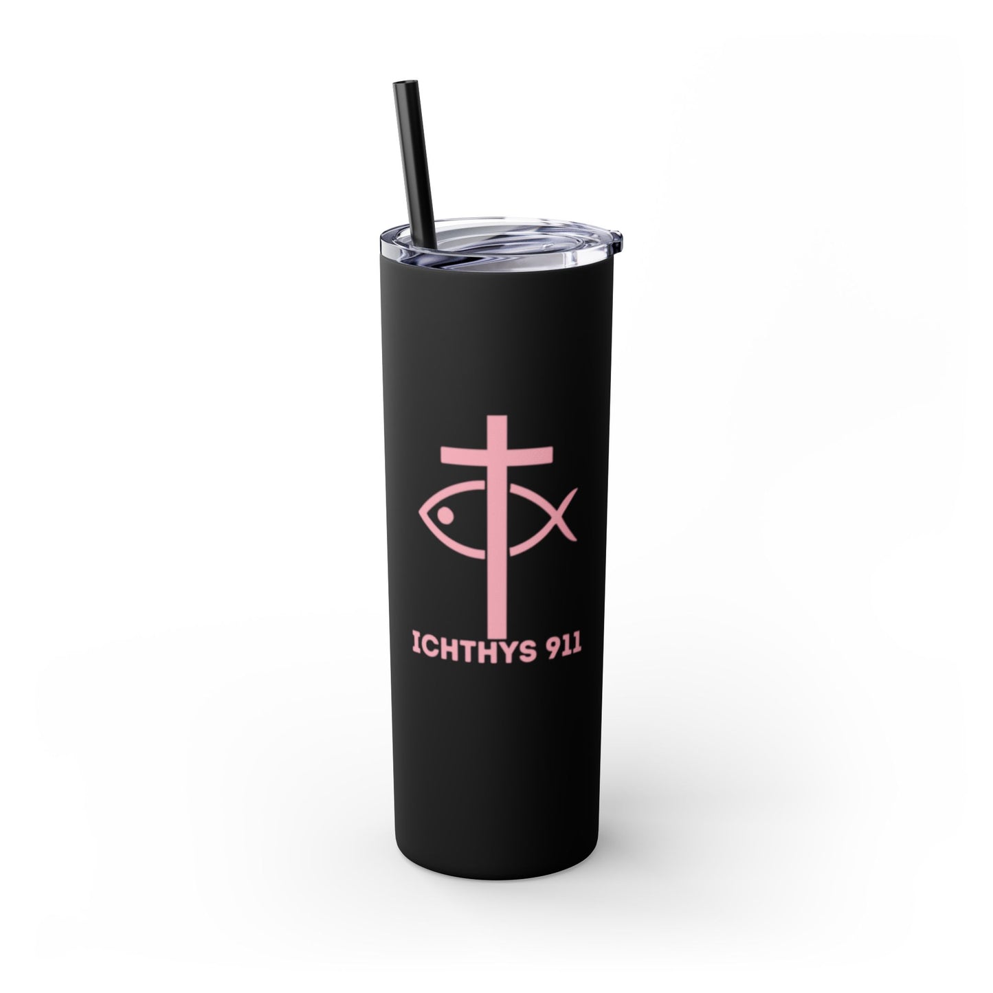 ICHTHYS 911 Pink & Blue Faith-Inspired Skinny Tumbler with Straw - 20oz Baby Shower Drip - Party Favor