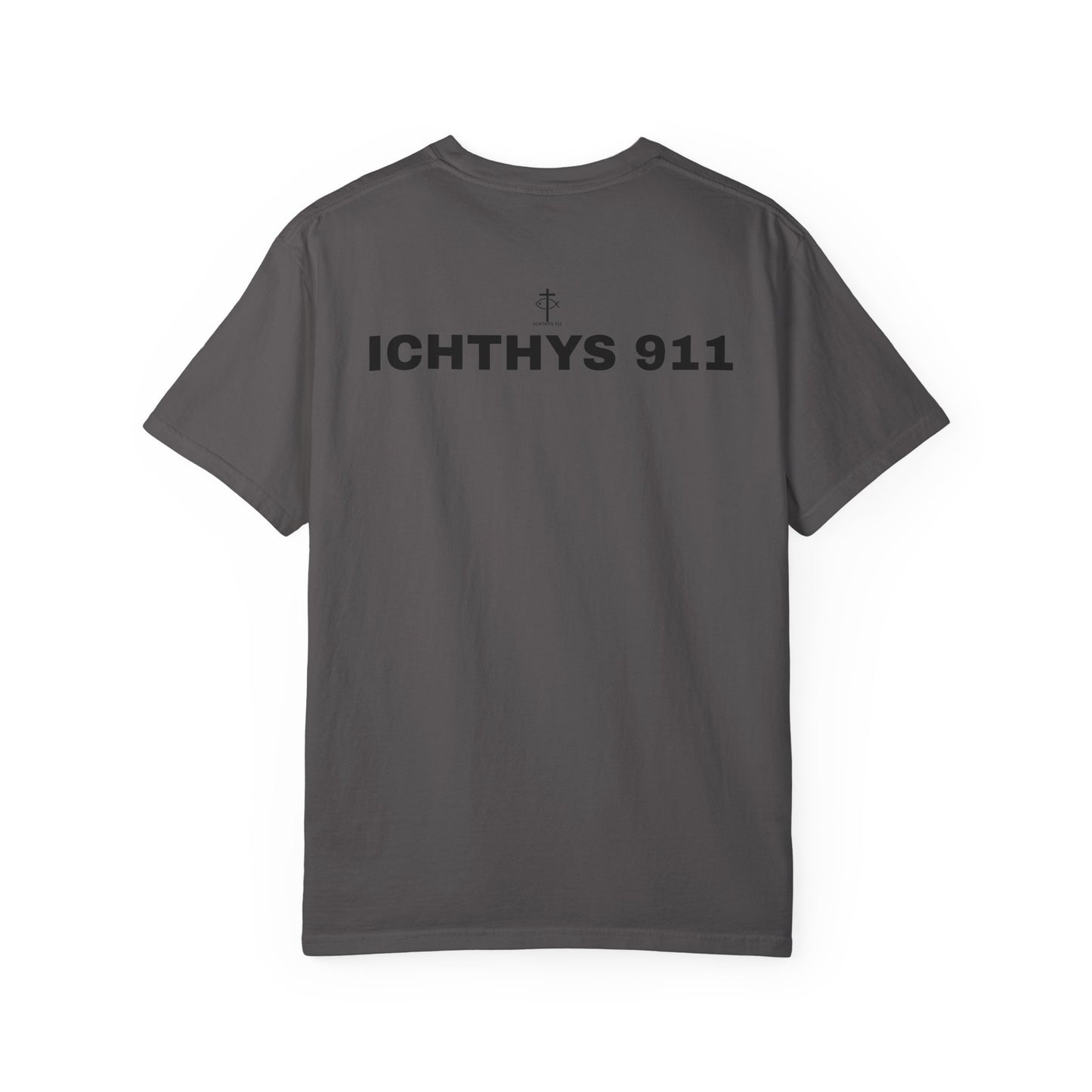 ICHTHYS 911 - Authentic - Christian Streetwear T-Shirt – Jesus Gym & Faith Fashion - Men T-Shirt - Women T-Shirt -Unisex Garment-Dyed T-Shirt Black Font