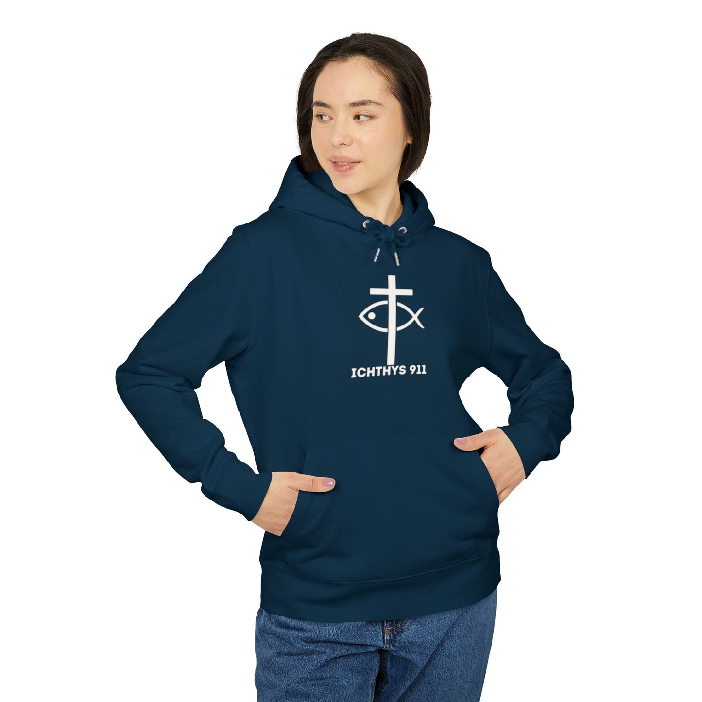 ICHTHYS 911 Hoodie – Unisex Pullover -White Font - Black Font on White - Heavy Fabric - ICHTHYS 911 Logo on Front & Back - 100% Organic