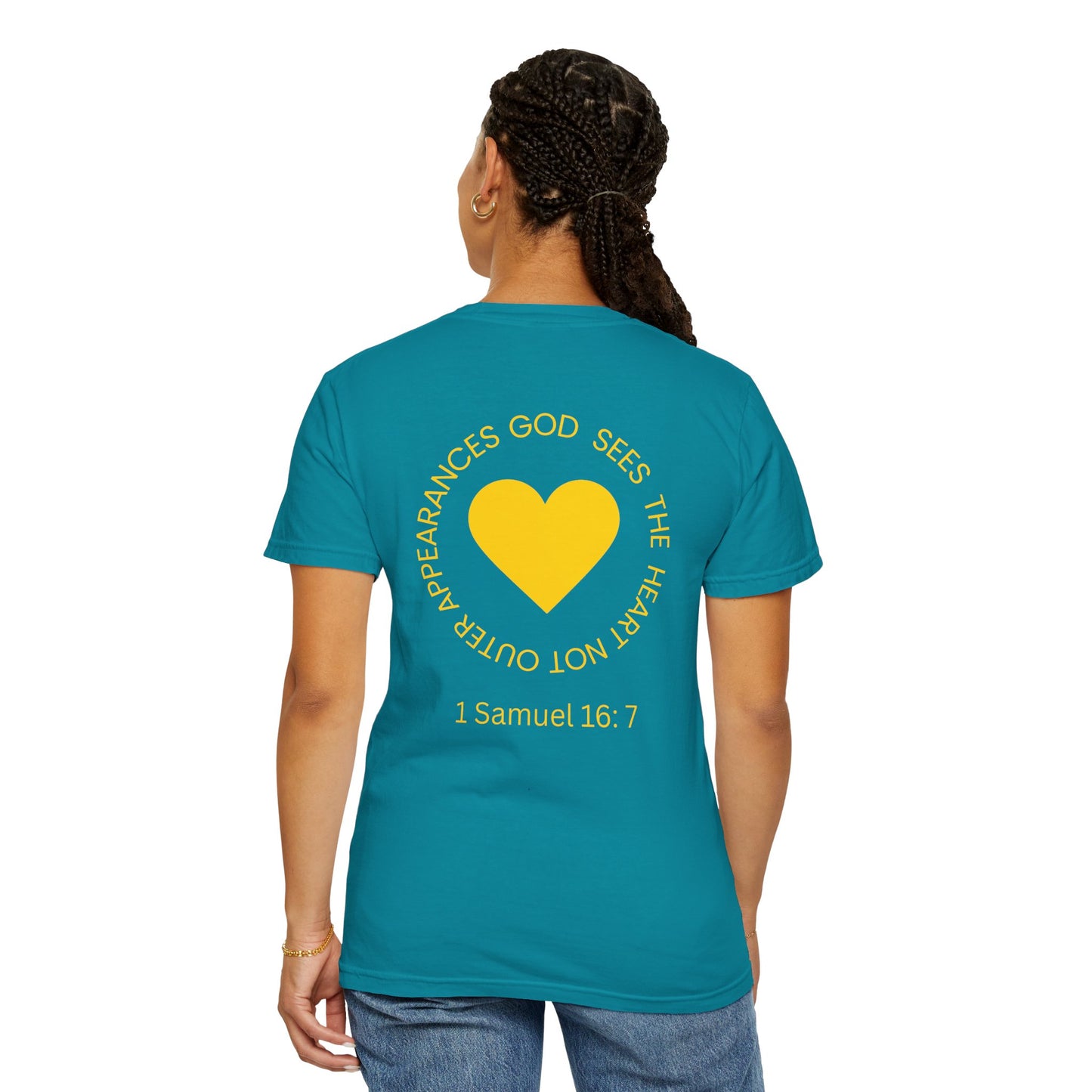 ICHTHYS 911 - "God Sees the Heart" Reverse' Gold Font - Unisex Garment - Dyed T-Shirt - 100% US Cotton - Men T-Shirt - Women T-Shirt - Inspirational Graphic T-Shirt for Everyday Motivation