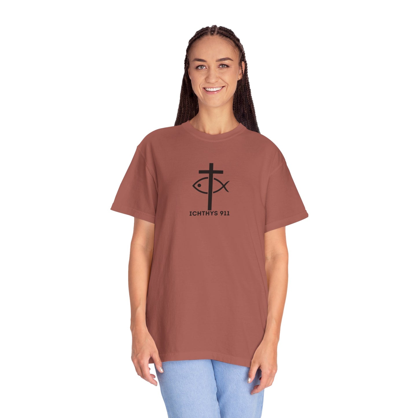ICHTHYS 911 - Black Font - Additional Flavors - "Faith & Strength" - Unisex  - Garment Dyed -100% US Cotton -Short Sleeve Tee - Inspirational Graphic T-Shirt for Everyday Motivation - Women T-Shirt - Soft T
