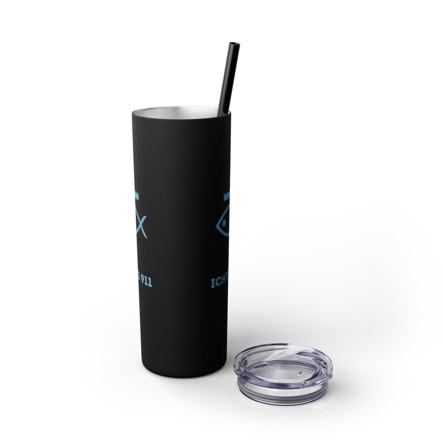 ICHTHYS 911 - Blue Font - Faith-Inspired Skinny Tumbler with Straw - 20oz Baby Shower Drip