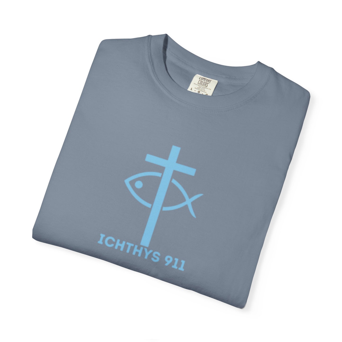 Iēsous Christos, Theou Yios, Sōtēr - Blue Font - Garment-Dyed Unisex T-Shirt - 100# US Cotton -Men T-Shirt - Women T-Shirt - Faith Inspired - Unisex Garment - ICHTHYS 911 - Blue Font - Heavy Duty Shirt