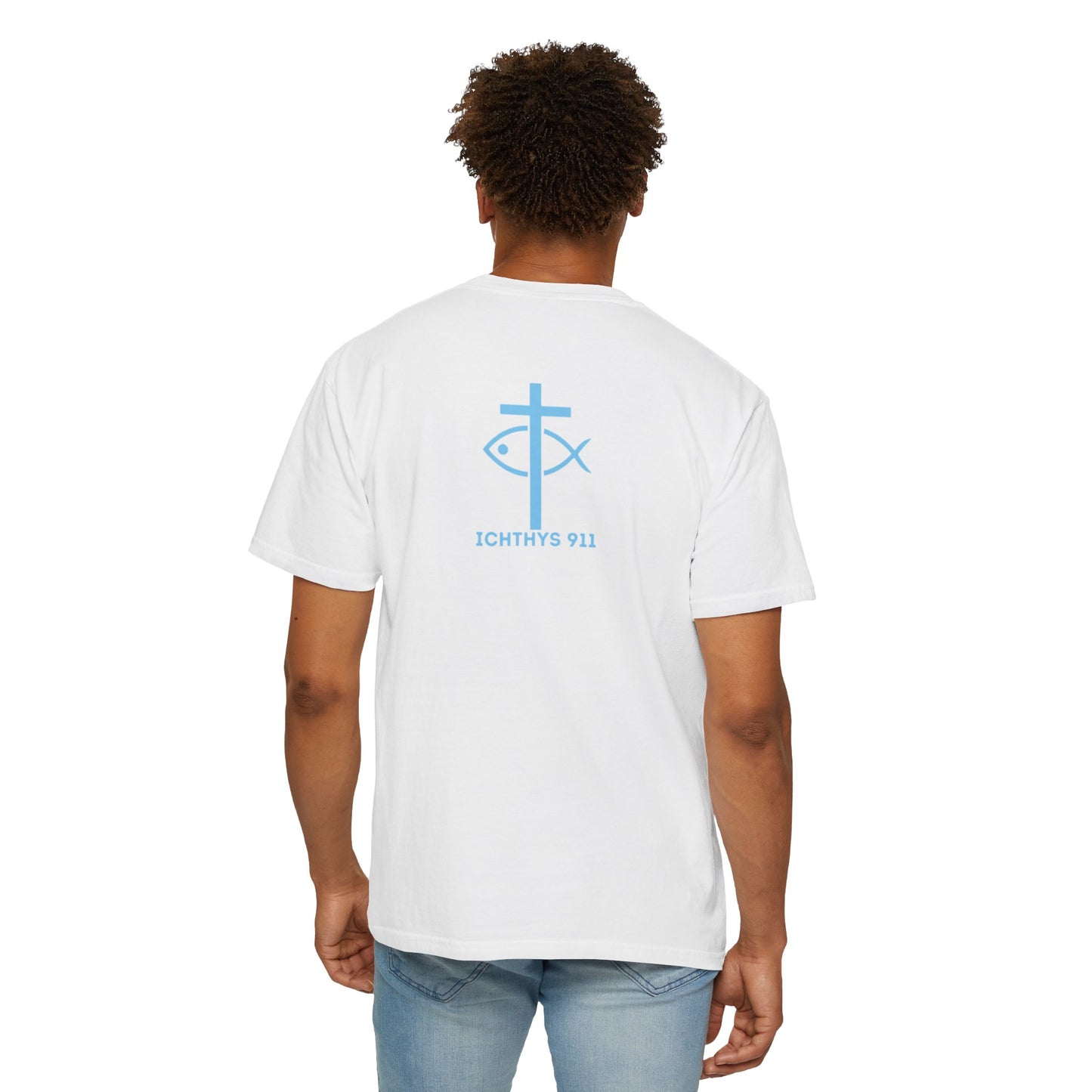 ICHTHYS 911 Blue Font "Iēsous Christos, Theou Yios, Sōtēr" - Reverse - Collection - Unisex - Christian Graphic Tee - Gym - T - Christian Faith - Jesus Wear - Women T-Shirt - Men T-Shirt