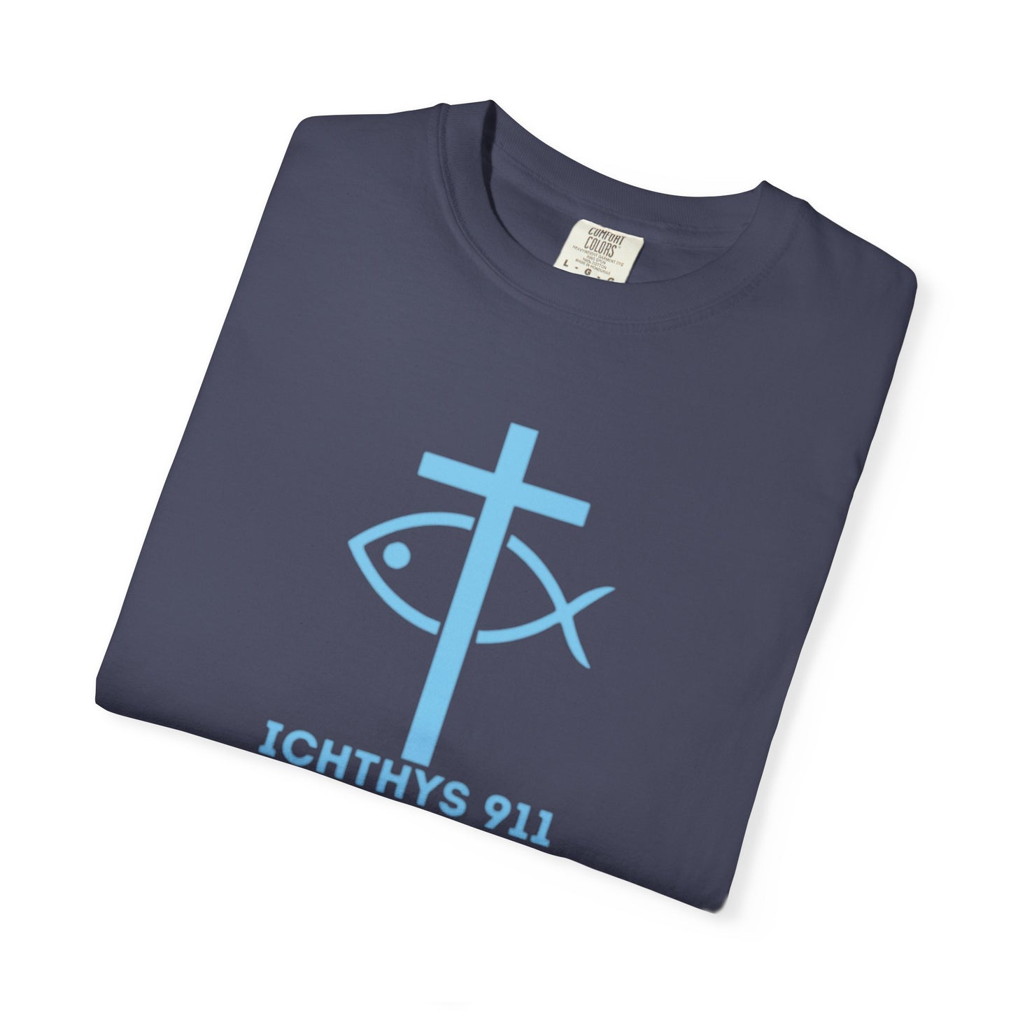 Iēsous Christos, Theou Yios, Sōtēr - Blue Font - Garment-Dyed Unisex T-Shirt - Men T-Shirt - Women T-Shirt - Christian Symbol - Greek - Faith Inspired -Christian Streetwear – Jesus Gym & Faith Fashion, Unisex Garment -ICHTHYS 911 - Additional Colors
