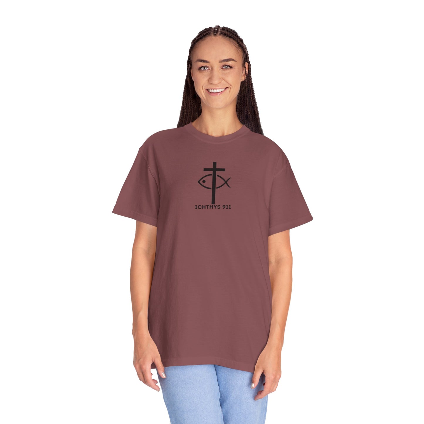 ICHTHYS 911 Black Font - "Run With Endurance Hebrews 12:1" - Unisex Garment Dyed T-Shirt -100% US Cotton - Men T-Shirt - Women T-Shirt - Bible Verse - Christian Faith - Christian Workout