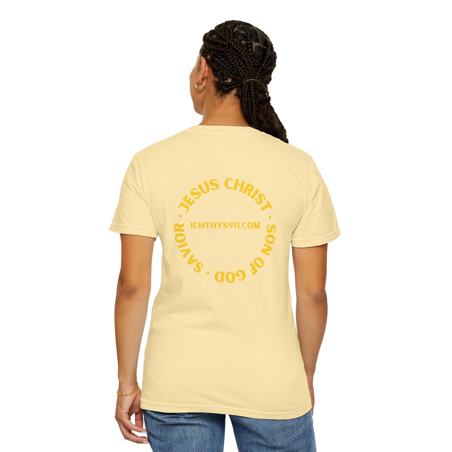 "Jesus Christ Son of God Savior" - Gold Font - Unisex Garment Dyed T- Shirt - Men T-Shirt - Women T-Shirt - Christian Streetwear T-Shirt – Jesus Gym & Faith Fashion,ICHTHYS 911 -