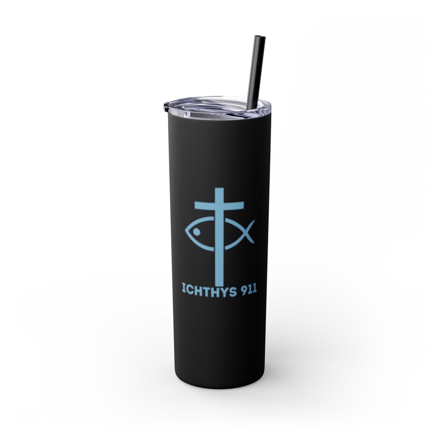 ICHTHYS 911 - Blue Font - Faith-Inspired Skinny Tumbler with Straw - 20oz Baby Shower Drip