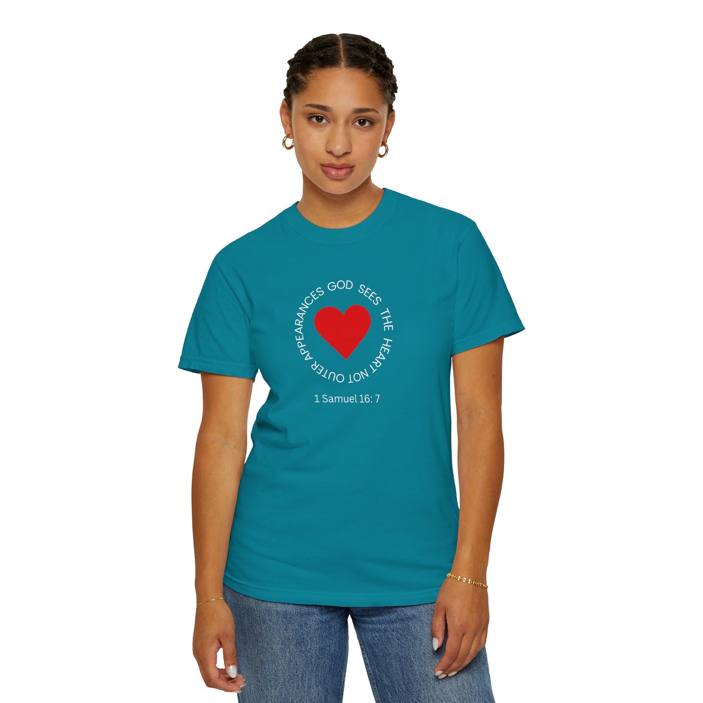 ICHTHYS 911 - "God Sees the Heart" Reverse Design - White Font - Unisex Garment - Dyed T-Shirt - 100% US Cotton - Men T-Shirt - Women T-Shirt - Inspirational Graphic T-Shirt for Everyday Motivation