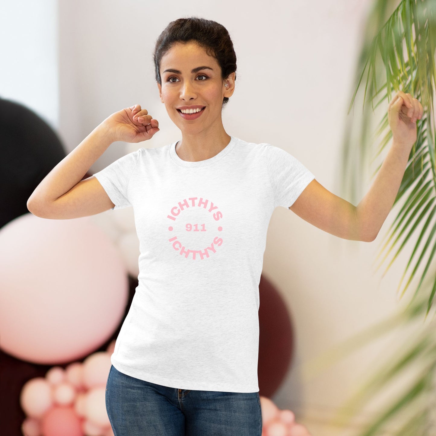 ICHTHYS 911 "IC Round Collection" Pink Font - Reverse Design - Inspirational Women's Triblend Tee - Women T-Shirt - 50% polyester, 25% cotton, 25% ryaon