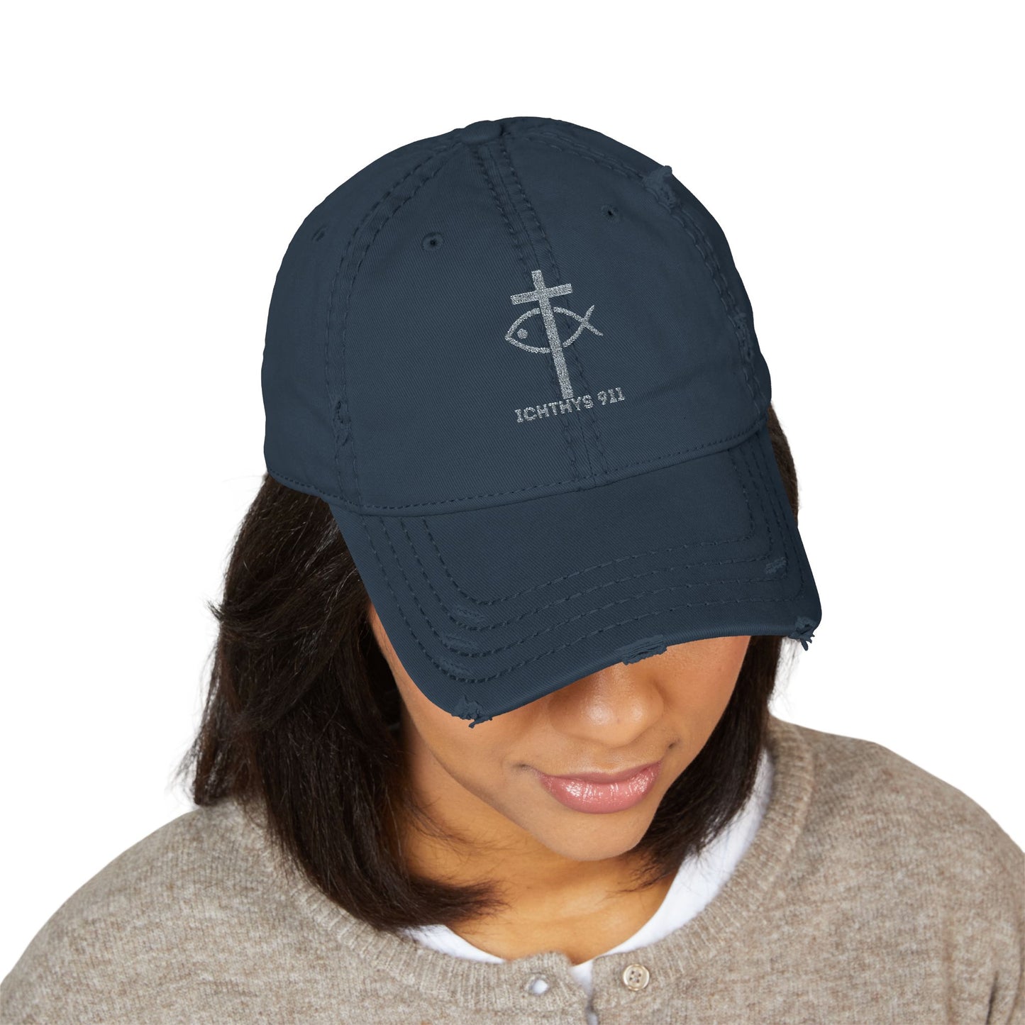 ICHTHYS 911 Embroidered Design - Distressed Hat with Casual Fashion - Accessory for Everyday Wear - ICHTHYS 911 Collection - This hat is very soft - Short stance - Everyone is loving this hat