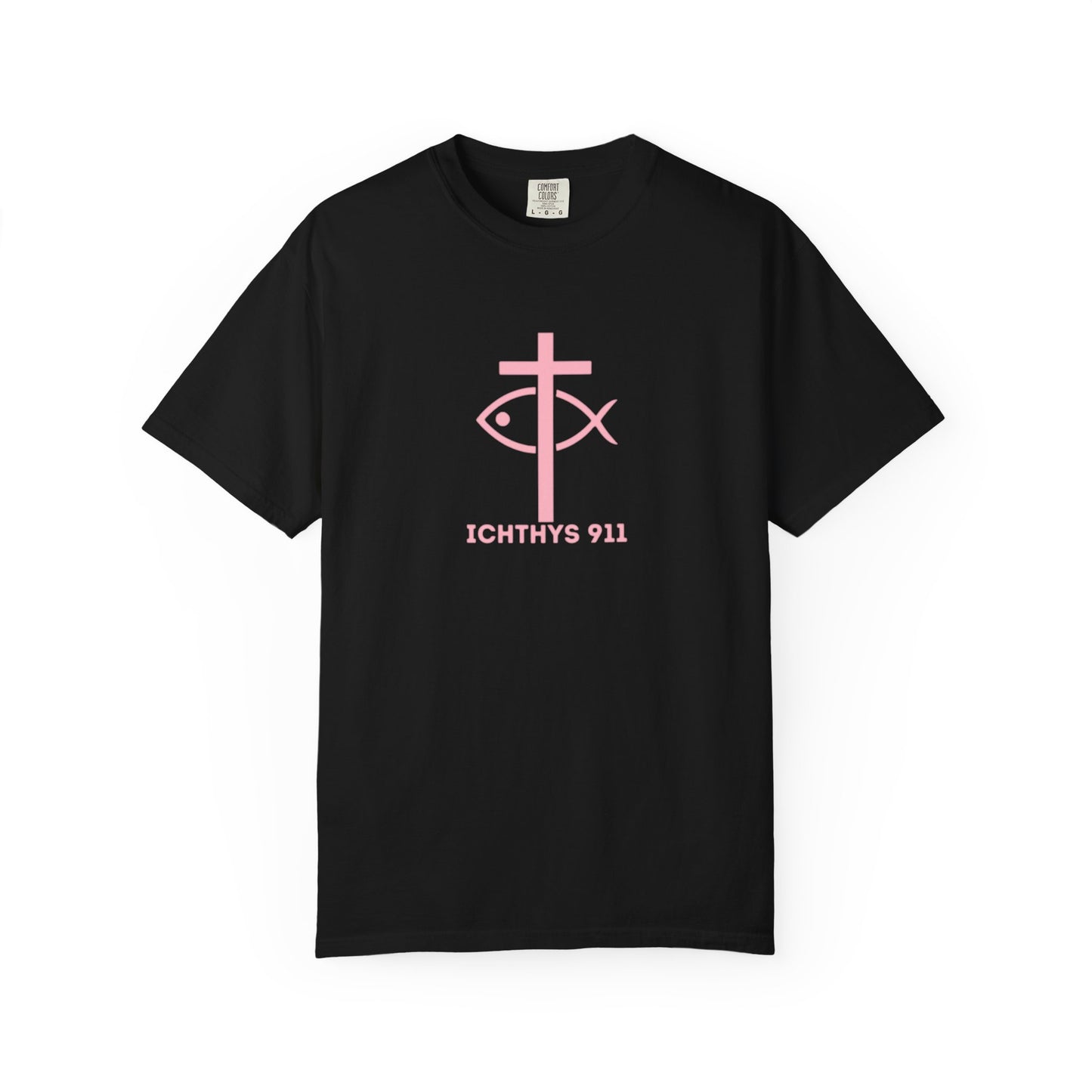 ICHTHYS 911 - Authentic - Christian Streetwear T-Shirt / Sweatshirt – Jesus Gym & Faith Fashion, Unisex Garment-Dyed T-Shirt Soft Pink Font