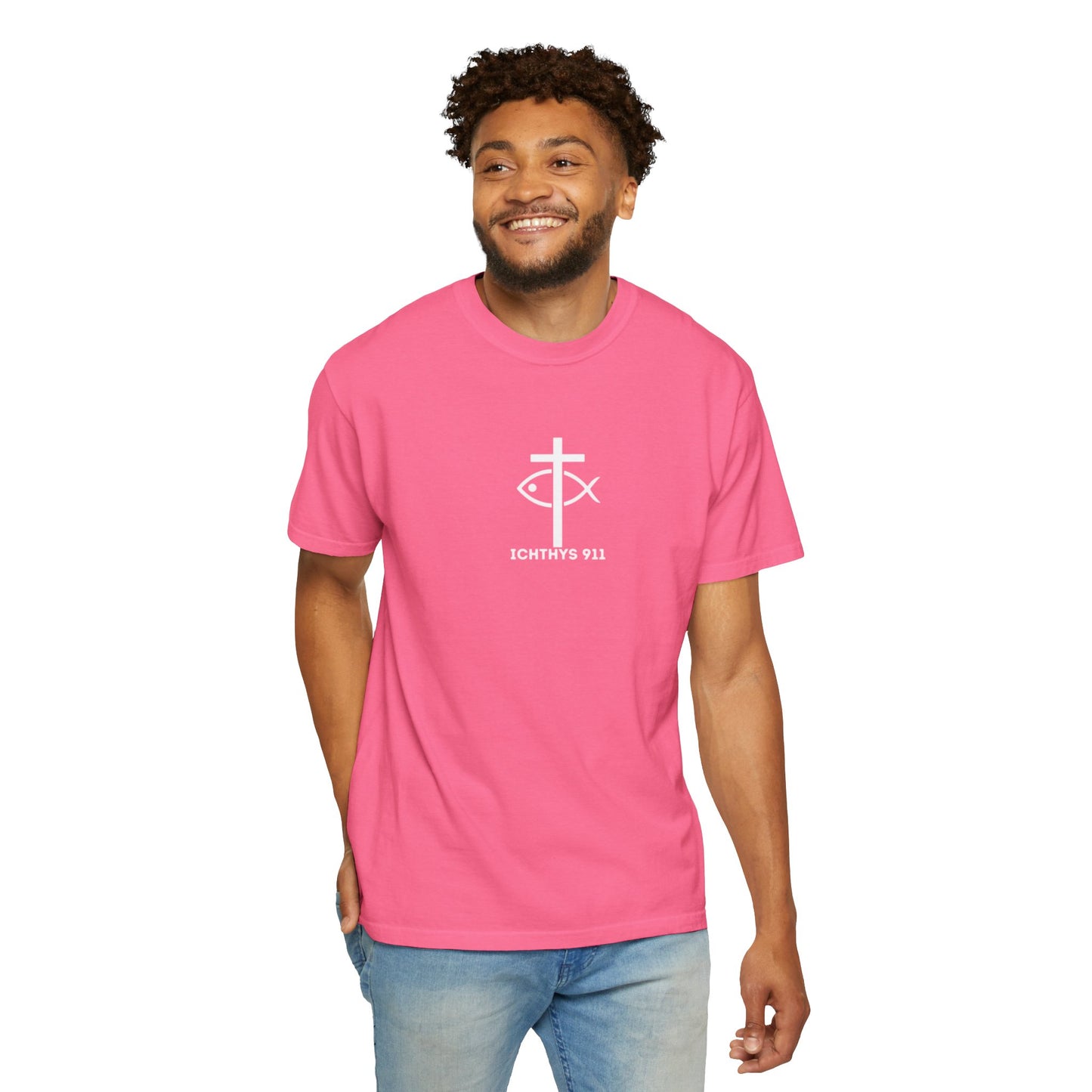 ICHTHYS 911 - White Font "Faith, Hope, & Love" - Garment Dyed - 100% US Cotton - Unisex T-Shirt - Men T-Shirt - Christian Women Tee - Faith-Inspired Shirt - Christian Fashion - Wear Your Faith - Additional Colors