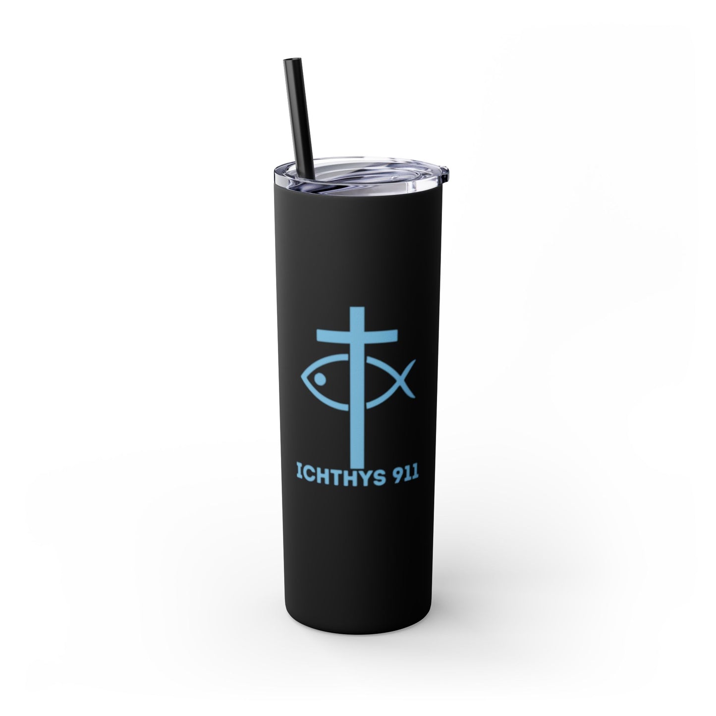 ICHTHYS 911 - Blue Font - Faith-Inspired Skinny Tumbler with Straw - 20oz Baby Shower Drip