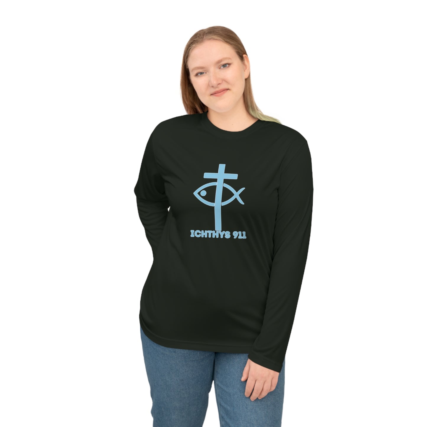 ICHTHYS 911 - Blue Font "Run with Endurance Hebrew 12:1" Reverse Unisex Performance Long Sleeve Shirt - ICHTHYS 911 Christian Activewear
