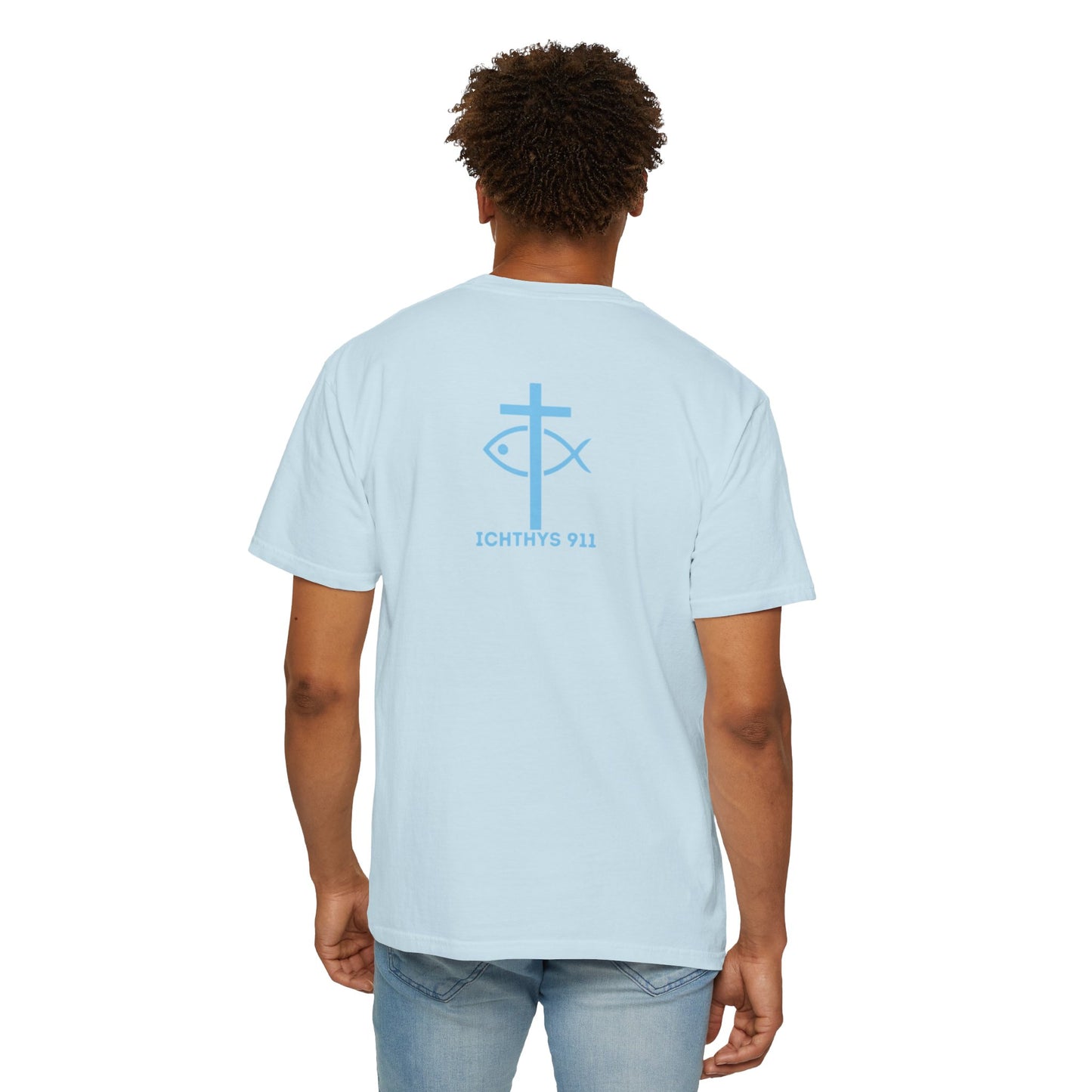 ICHTHYS 911 Blue Font "Iēsous Christos, Theou Yios, Sōtēr" - Reverse - Collection - Unisex - Christian Graphic Tee - Gym - T - Christian Faith - Jesus Wear - Women T-Shirt - Men T-Shirt