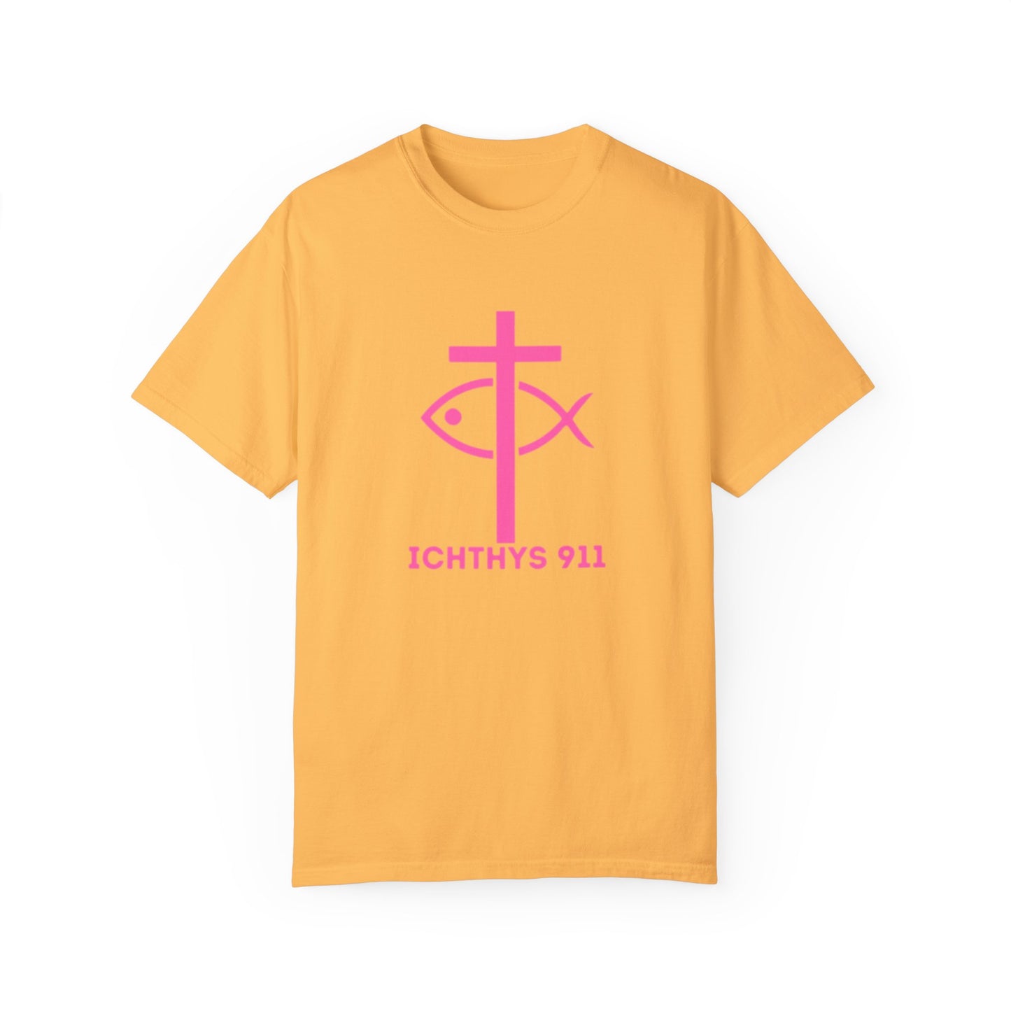 ICHTHYS 911 - Authentic - W/O IC 911 on Back Christian Streetwear T-Shirt – Jesus Gym & Faith Fashion, Unisex Garment-Dyed T-Shirt Hot Pink Font