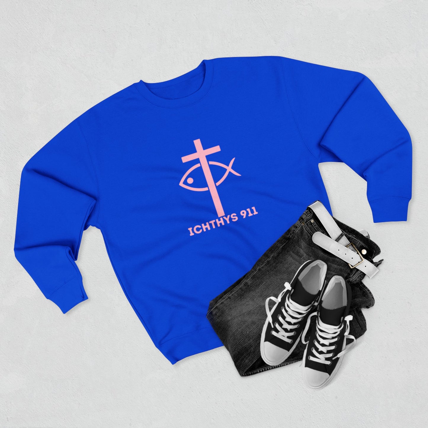 ICHTHYS 911 Minimal Pink Cross Crewneck Sweatshirt — Unisex -