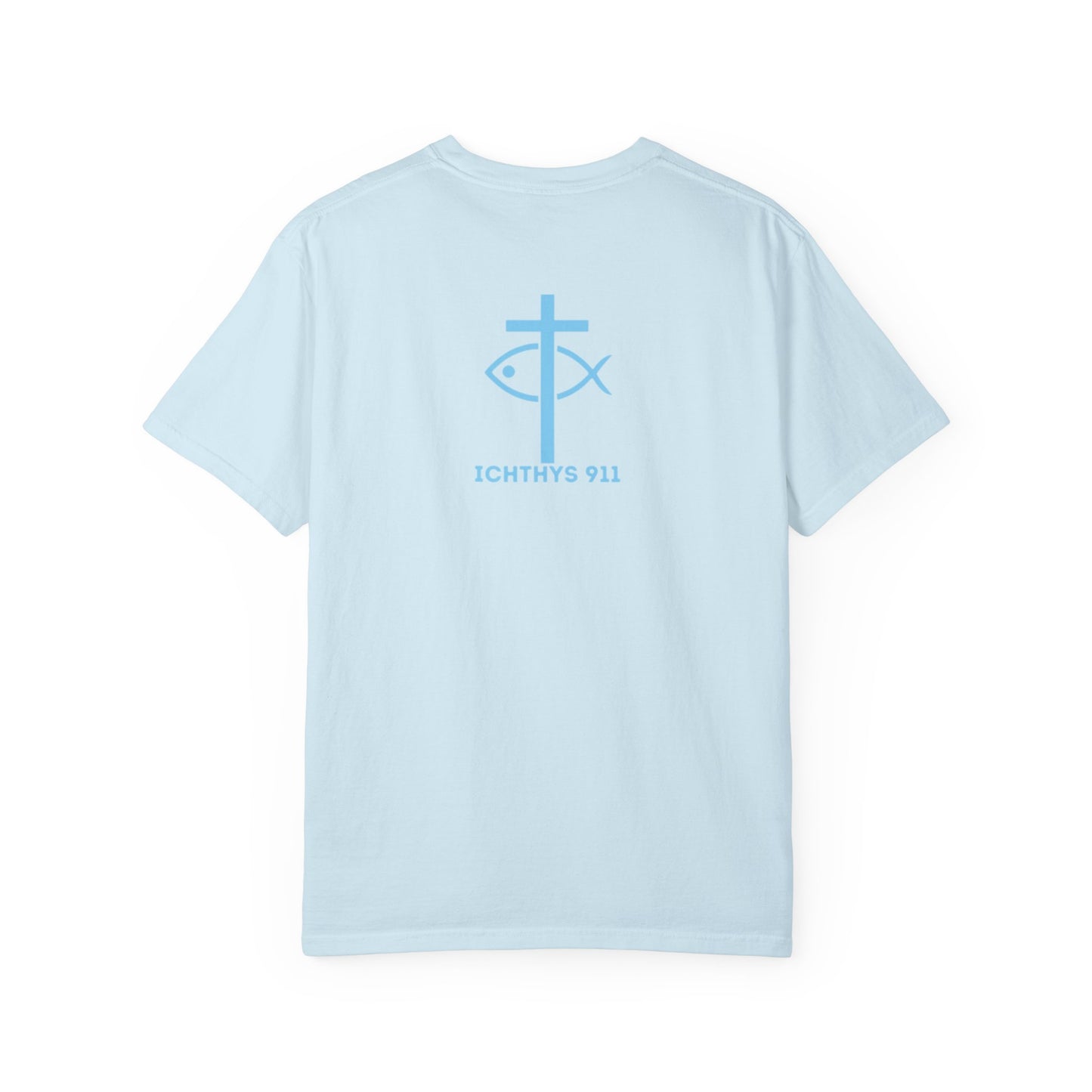 ICHTHYS 911 Blue & Black Font "Iēsous Christos, Theou Yios, Sōtēr" - Collection - Reverse Design - Unisex Garment Dyed - 100% US Cotton - Christian Graphic Tee - Gym - T - Christian Faith - Jesus Wear - Women T-Shirt - Men T-Shirt