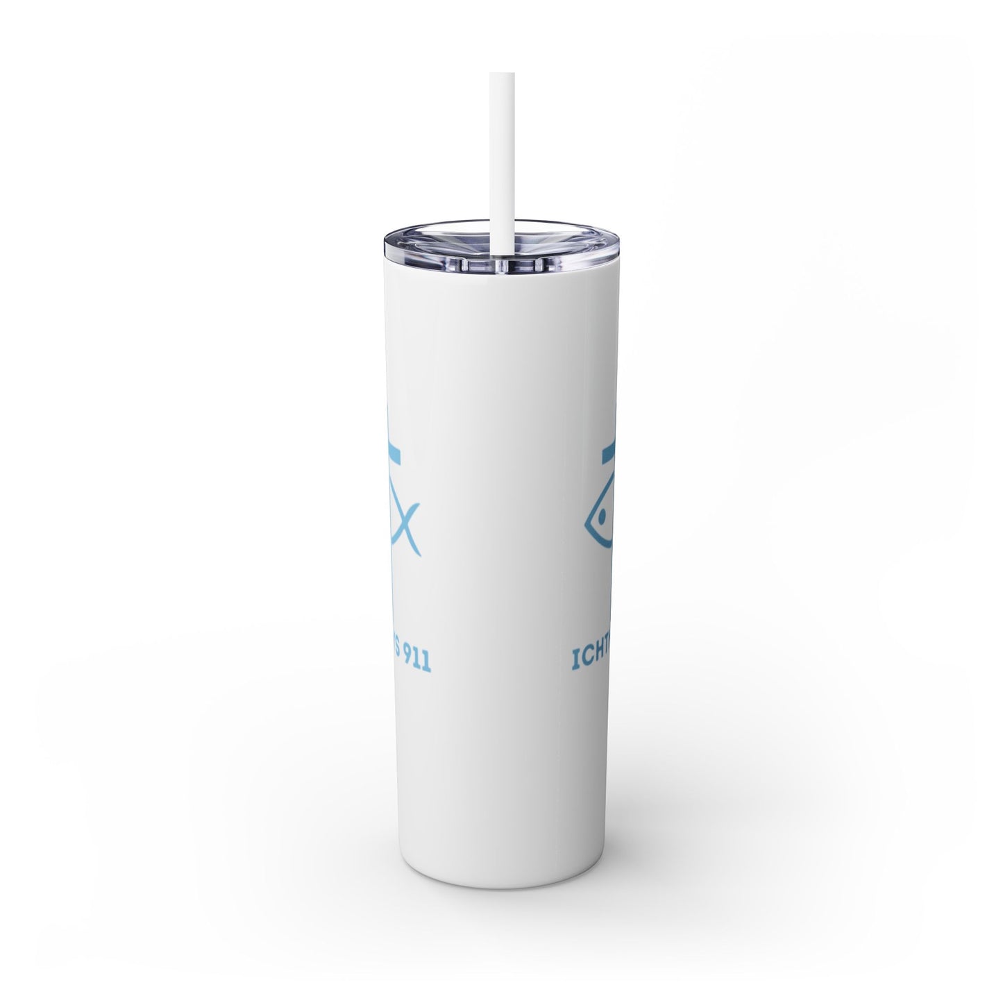 ICHTHYS 911 - Blue Font - Faith-Inspired Skinny Tumbler with Straw - 20oz Baby Shower Drip
