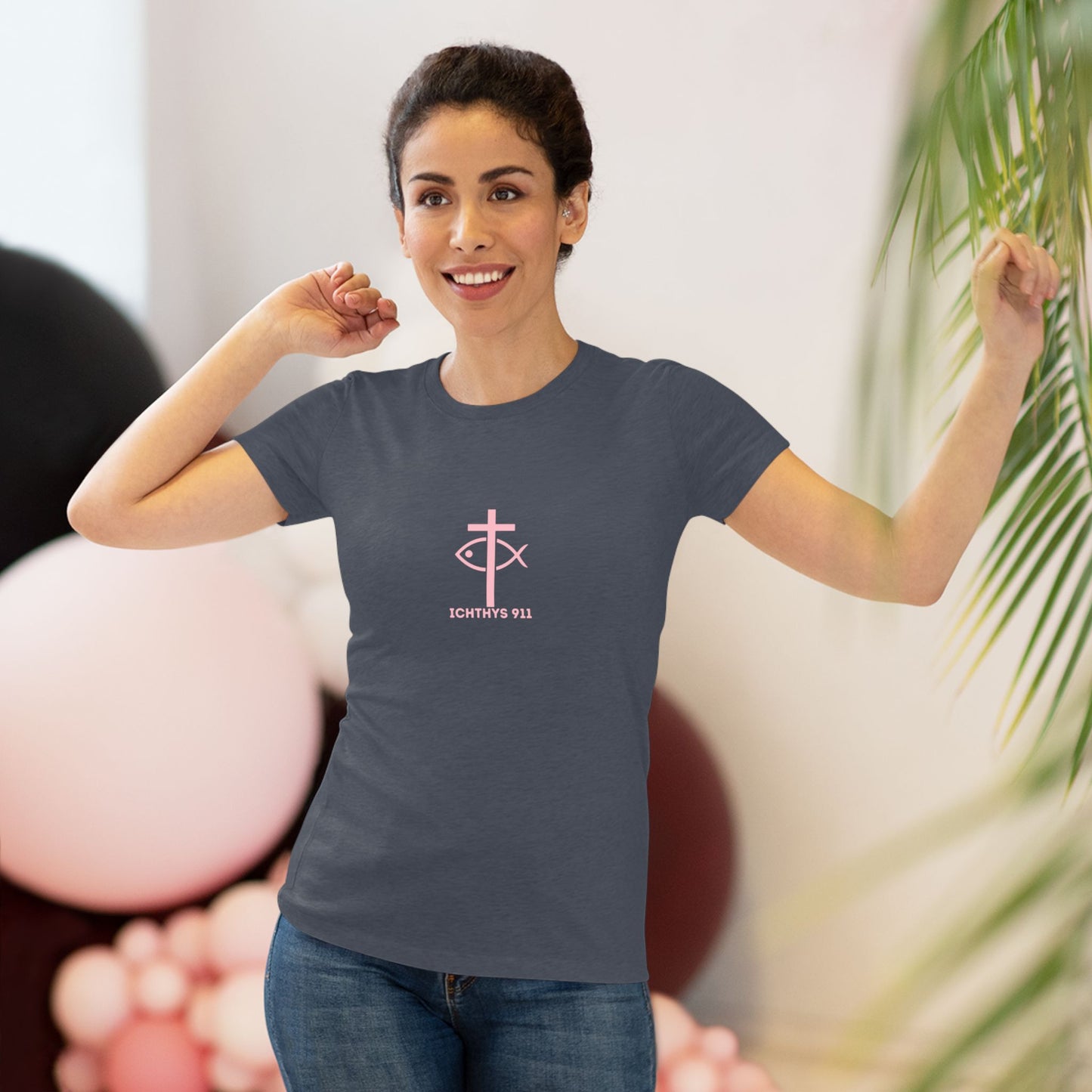 ICHTHYS 911 "IC Round Collection" Pink Font - Inspirational Women's Triblend Tee - Women T-Shirt - 50% polyester, 25% cotton, 25% ryaon