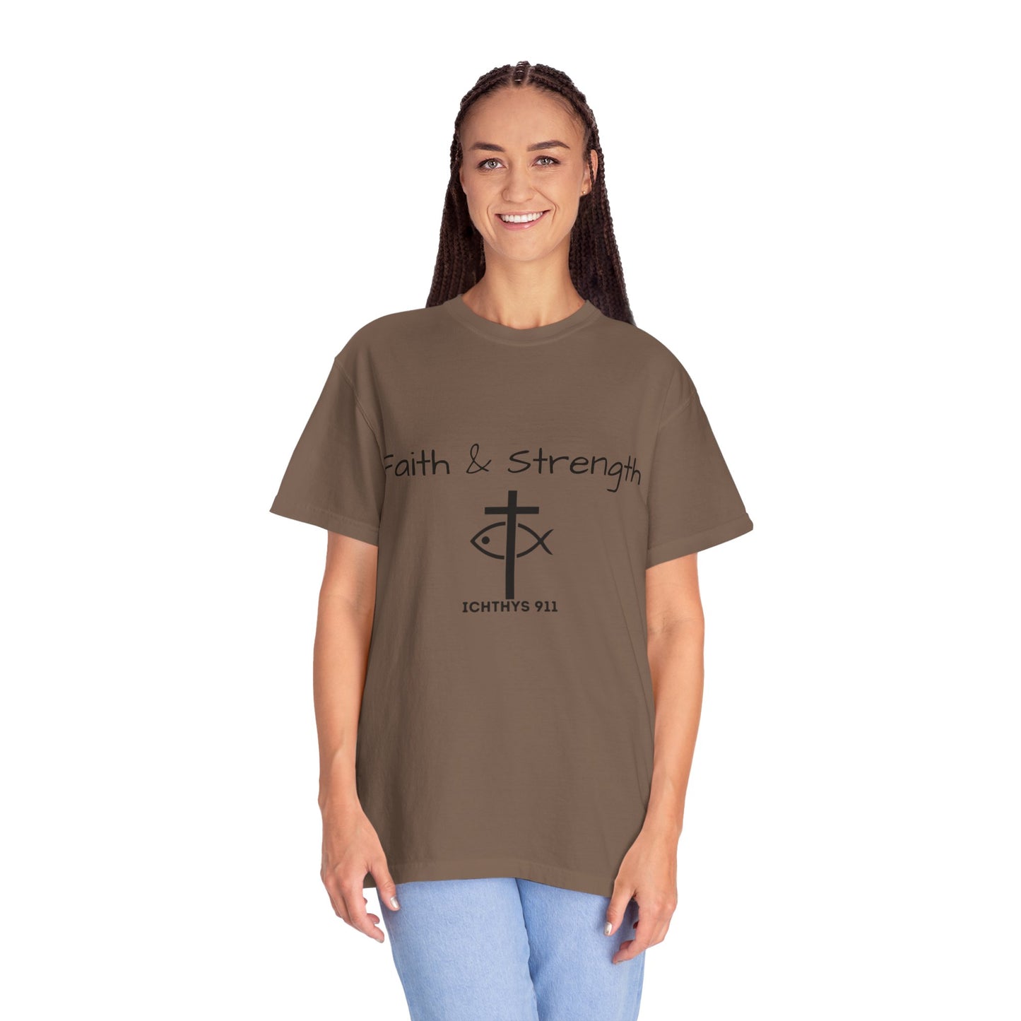 ICHTHYS 911 "Faith & Strength" Reverse - Black Font - Unisex Garment -Dyed Tee - 100% US Cotton - Men T-Shirt - Women T-Shirt - Inspirational Christian Shirt - Very Good Quality and Feel