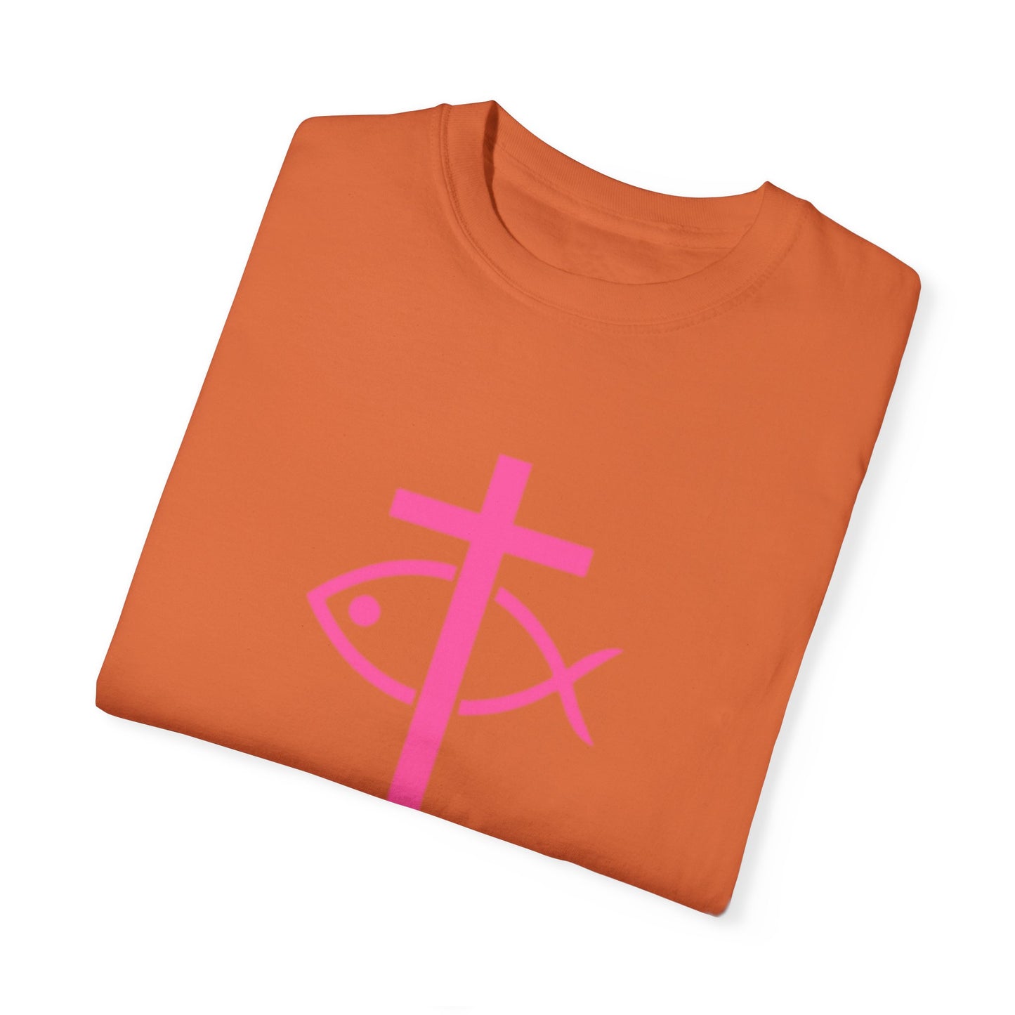 ICHTHYS 911 - Authentic - W/O IC 911 on Back Christian Streetwear T-Shirt – Jesus Gym & Faith Fashion, Unisex Garment-Dyed T-Shirt Hot Pink Font