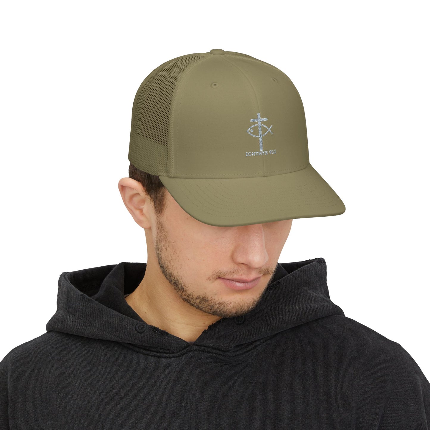 ICHTHYS 911 Embroidered Snapback Trucker Cap - Faith-Inspired Outdoor Hat - Jesus