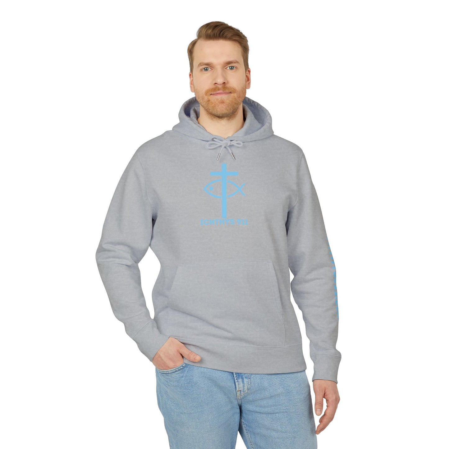 Iēsous Christos, Theou Yios, Sōtēr = Jesus Christ, Son of God, Savior - Unisex - Blue Font - Sweatshirt - ICHTHYS 911 - Hoodie -100% Organic- Heavy