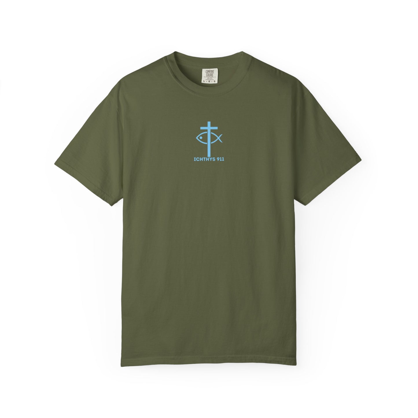 ICHTHYS 911 - Blue Font - Vendor - "Iēsous Christos, Theou Yios, Sōtēr" - Garment-Dyed Unisex T-Shirt - Men T-Shirt - Women T-Shirt - Christian Symbol - Greek - Faith Inspired -Christian Streetwear – Jesus Gym & Faith Fashion, Unisex Garment