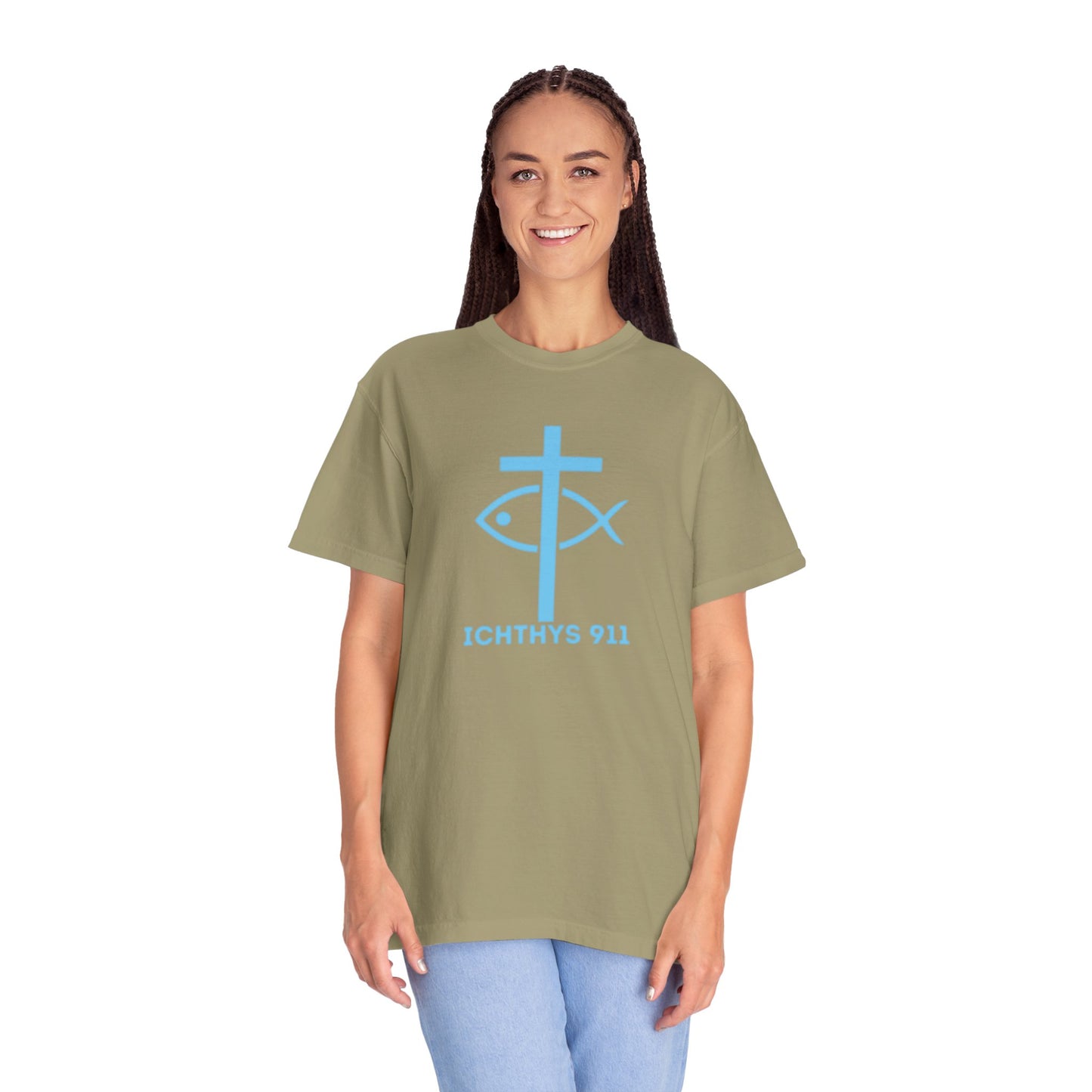 Jesus Christ Son of God Savior - Blue Font - Christian Streetwear T-Shirt – Jesus Gym & Faith Fashion, Unisex Garment-Dyed T-Shirt- ICHTHYS 911