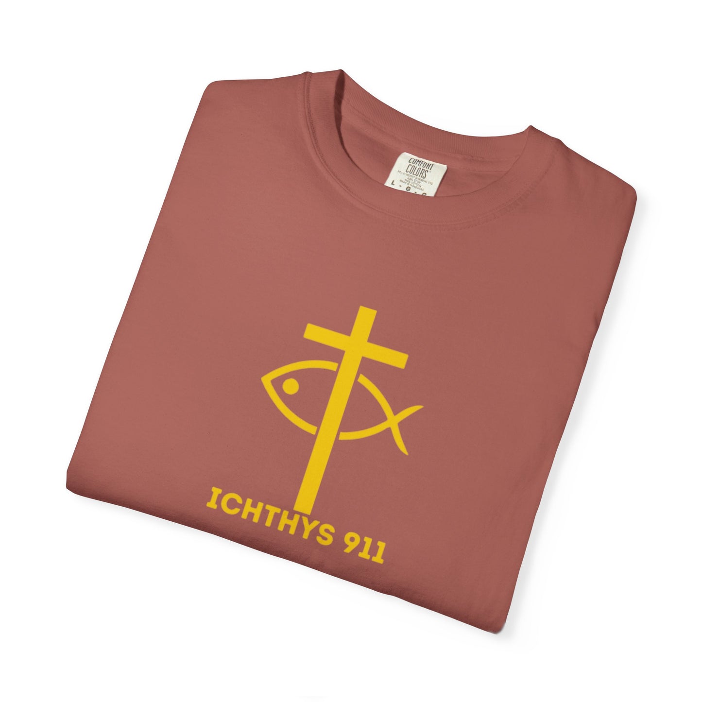 ICHTHYS 911 Gold Font "Faith, Hope, & Love" - Unisex Garment Dyed T-Shirt - 100# US Cotton - Men T-Shirt - Women T-Shirt - Christian T- Shirt -Faith-Inspired Shirt - Christian Fashion - Wear Your Faith