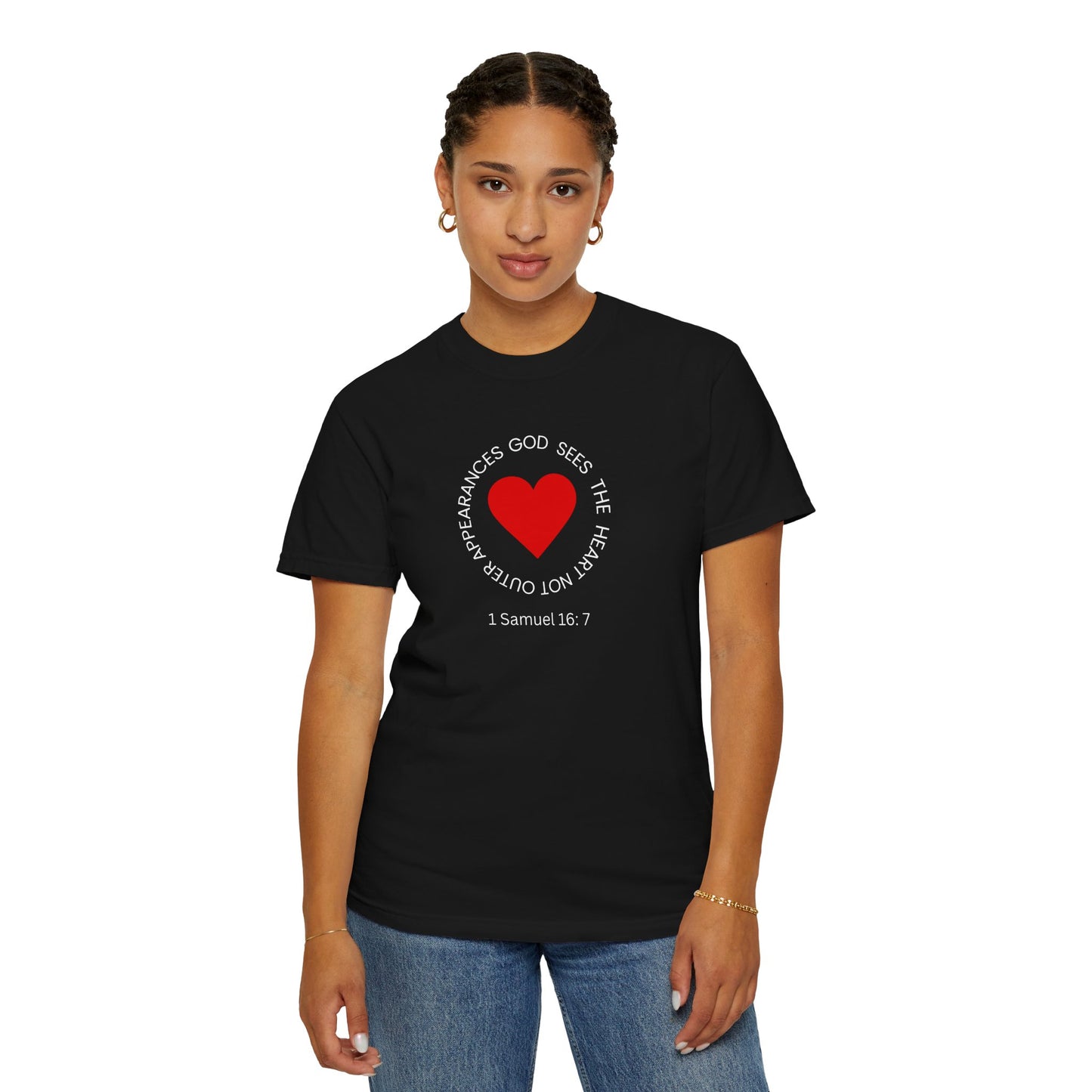 ICHTHYS 911 - "God Sees the Heart" Reverse Design - White Font - Unisex Garment - Dyed T-Shirt - 100% US Cotton - Men T-Shirt - Women T-Shirt - Inspirational Graphic T-Shirt for Everyday Motivation