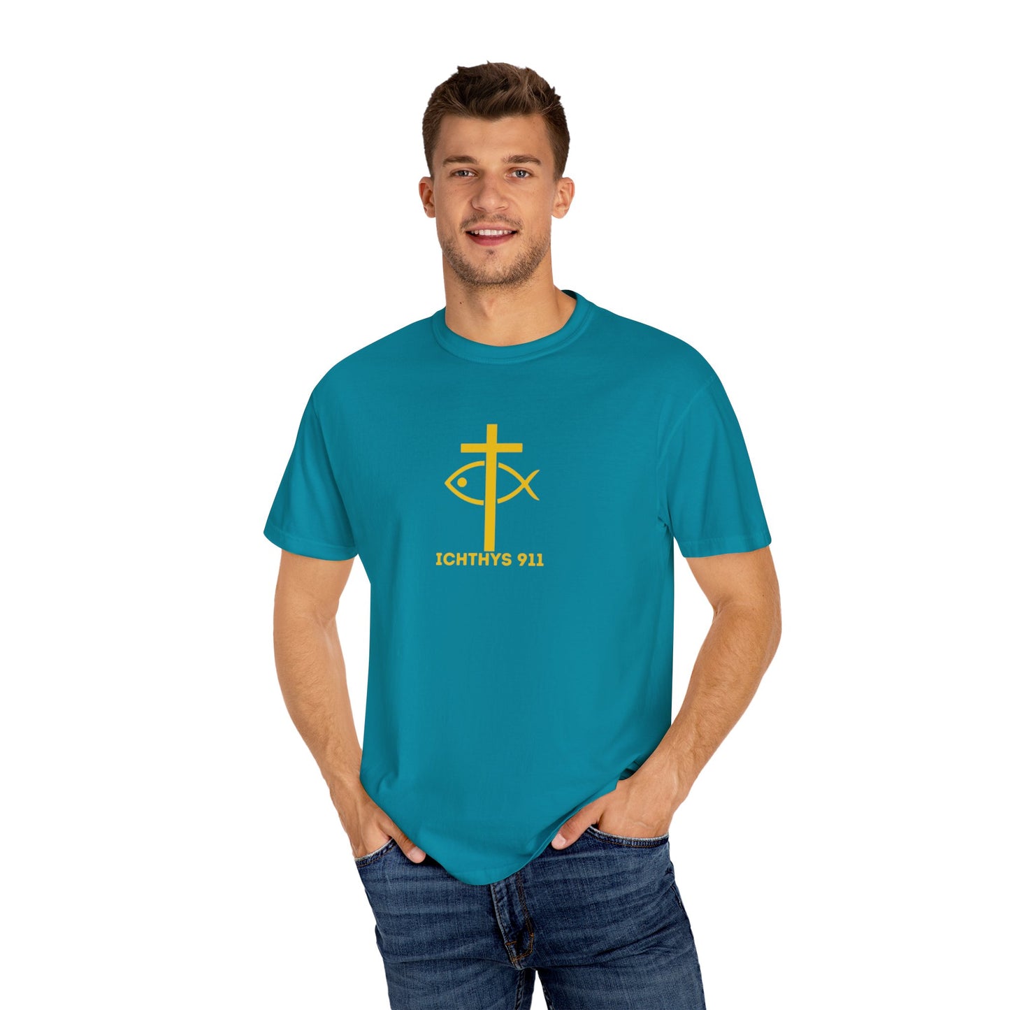 ICHTHYS 911 - "God Sees the Heart" Reverse' Gold Font - Unisex Garment - Dyed T-Shirt - 100% US Cotton - Men T-Shirt - Women T-Shirt - Inspirational Graphic T-Shirt for Everyday Motivation