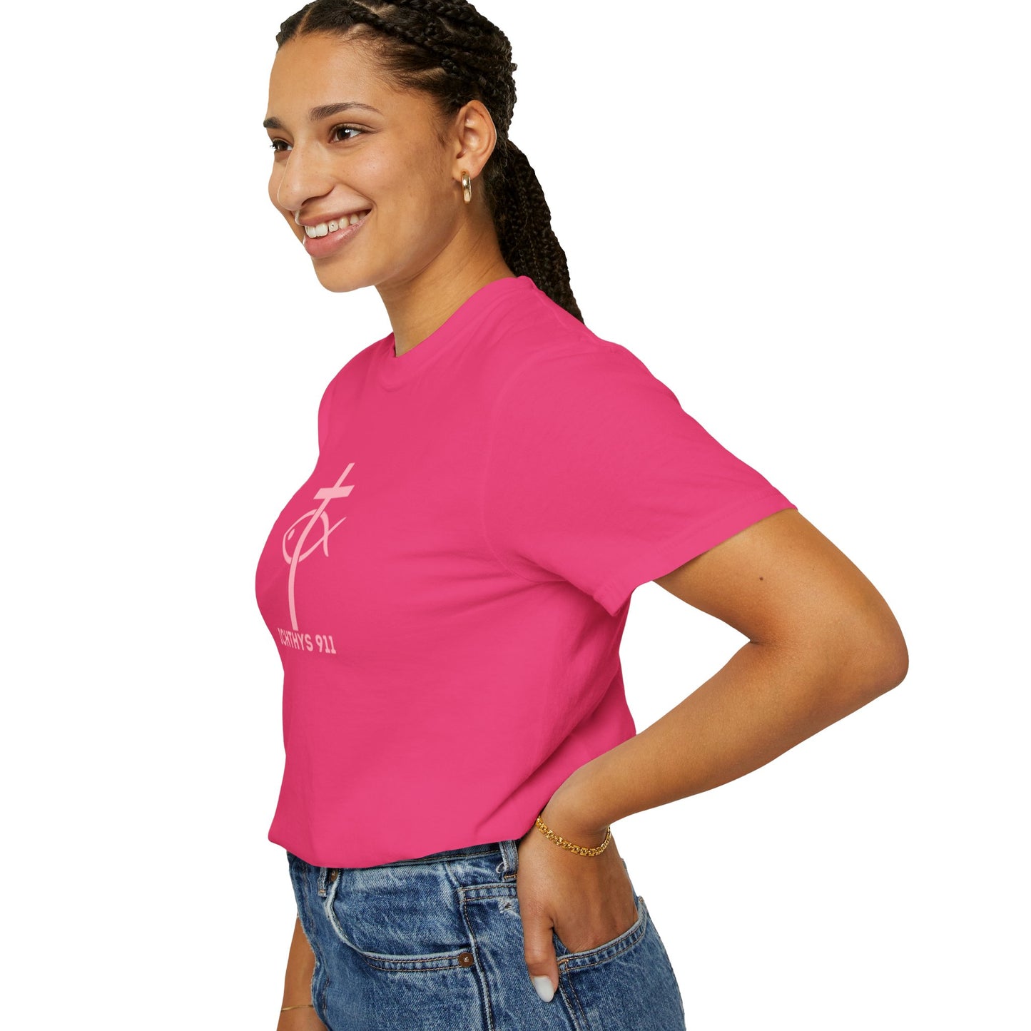 ICHTHYS 911 Pink Font "Faith, Hope, & Love" - Unisex Garment Dyed T-Shirt - 100% US Cotton - Men T-Shirt - Christian Women Tee - Faith-Inspired Shirt - Christian Fashion - Wear Your Faith - Additional Colors Added