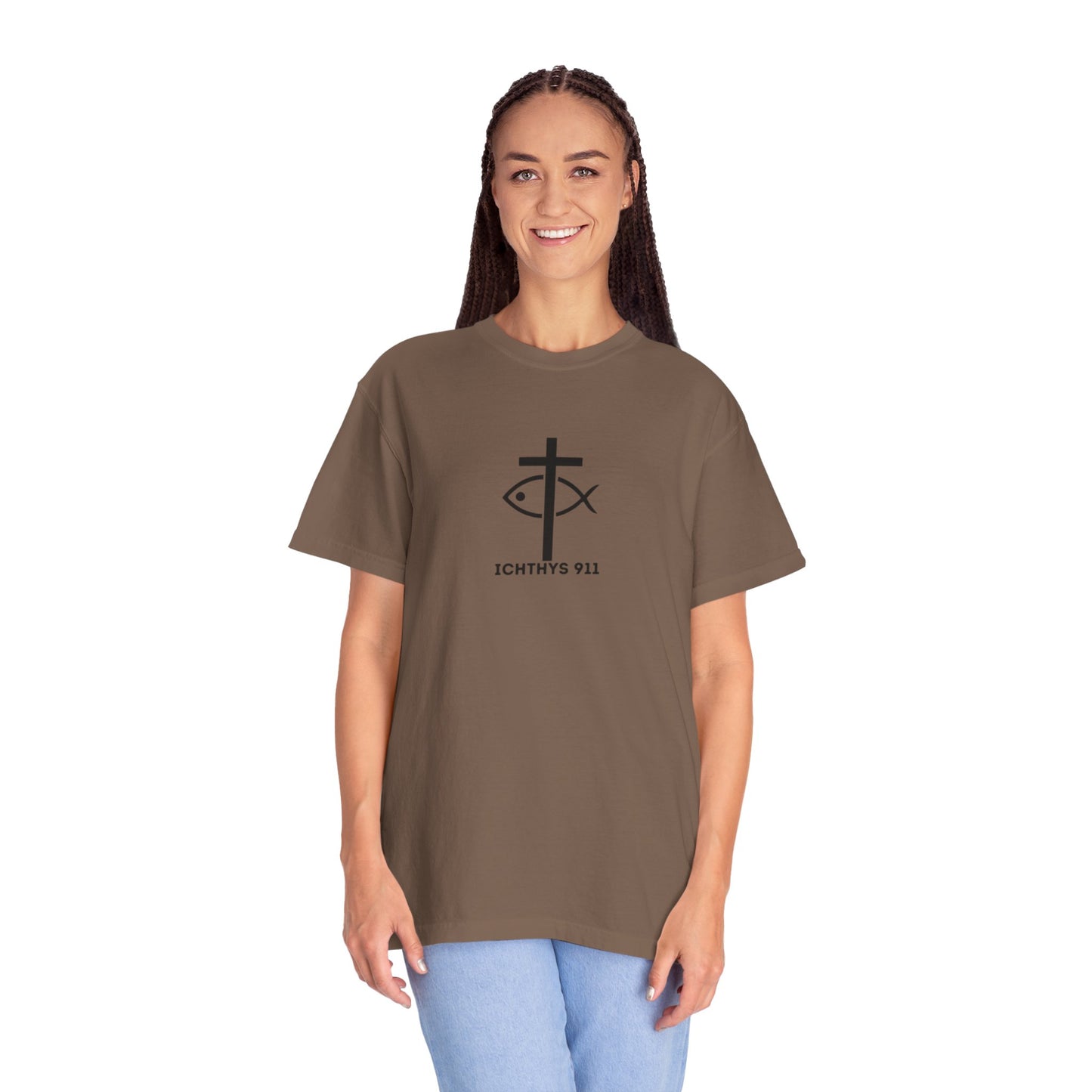 ICHTHYS 911 - Black Font "Faith & Strength" - Unisex Garment Dyed T- Shirt - 100% US Cotton - Men T-Shirt - Women T-Shirt - Inspirational Graphic T-Shirt for Everyday Motivation - Women T-Shirt - Soft T