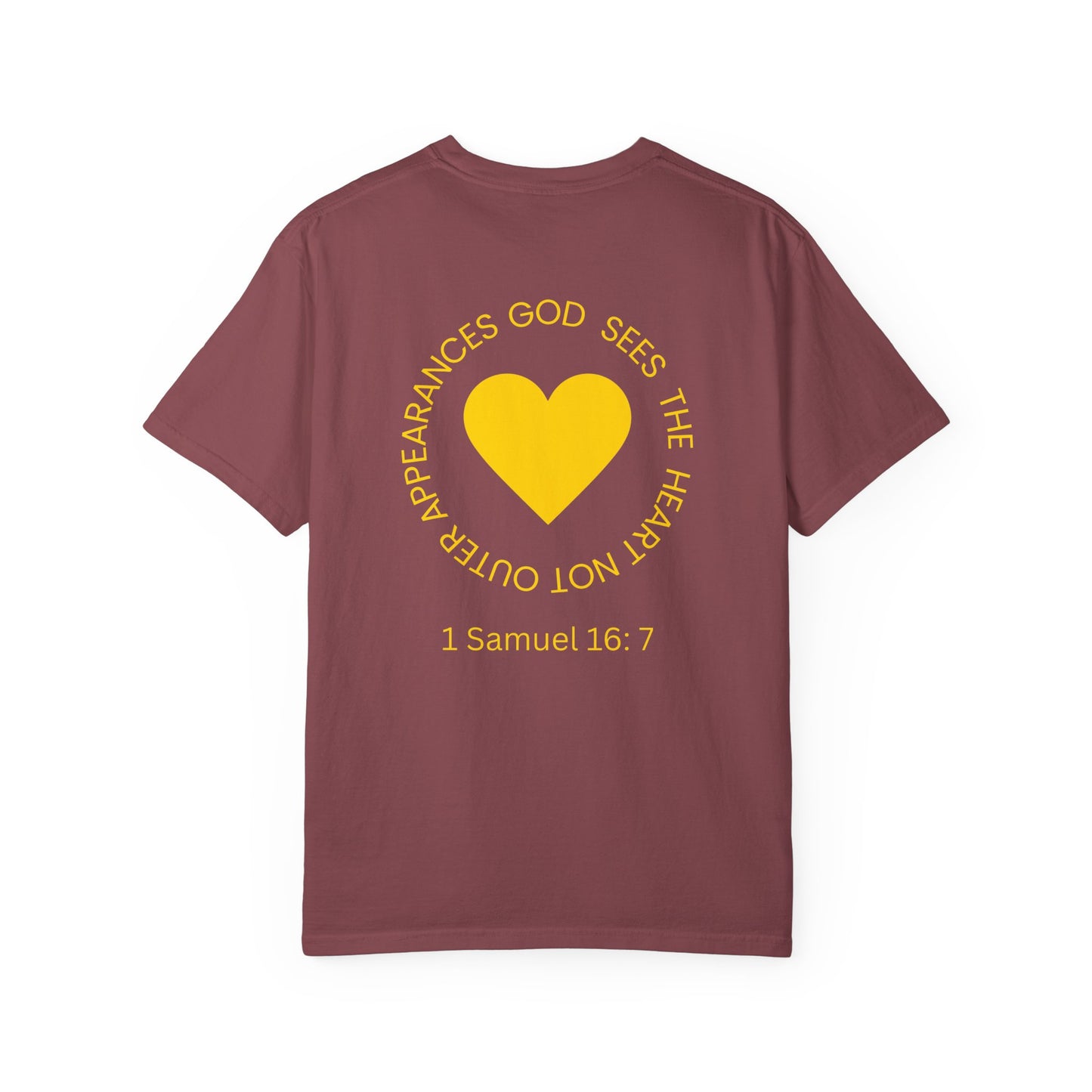 ICHTHYS 911 - "God Sees the Heart" Reverse' Gold Font - Unisex Garment - Dyed T-Shirt - 100% US Cotton - Men T-Shirt - Women T-Shirt - Inspirational Graphic T-Shirt for Everyday Motivation