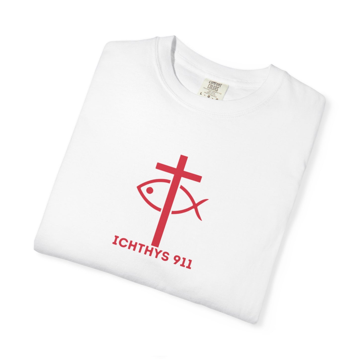 ICHTHYS 911 -  "God Sees the Heart" - White Font - Unisex Garment - Dyed T-Shirt - Inspirational Graphic T-Shirt for Everyday Motivation - 100% US cotton