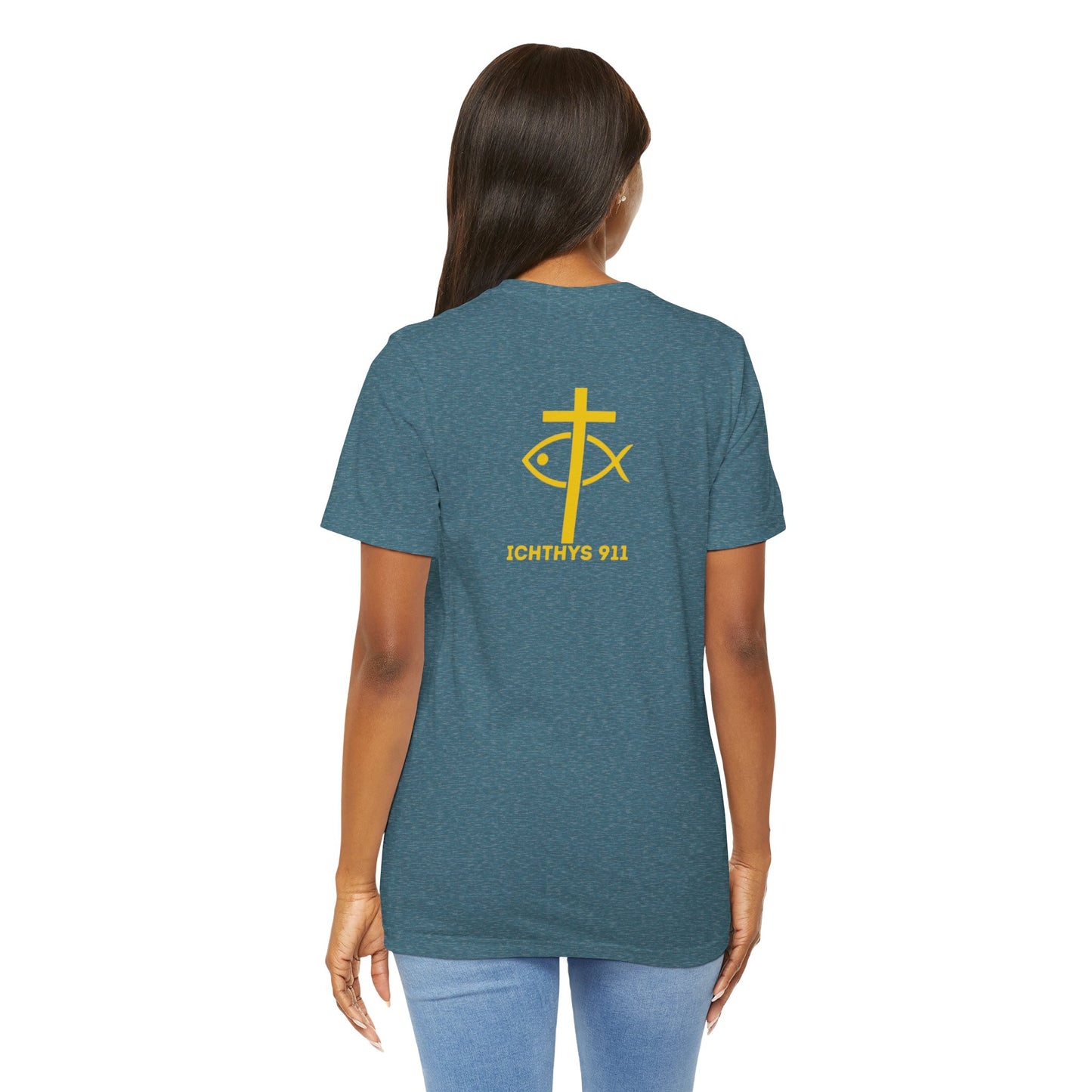 ICHTHYS 911 - "Roll With God Love Like Jesus" - Reverse Design - Unisex T- Shirt - Lightweight 100% Cotton - Summer T - Arm Form Fitting - Men T- Shirt - Women T-Shirt - Christian T-Shirt - Love Like Jesus