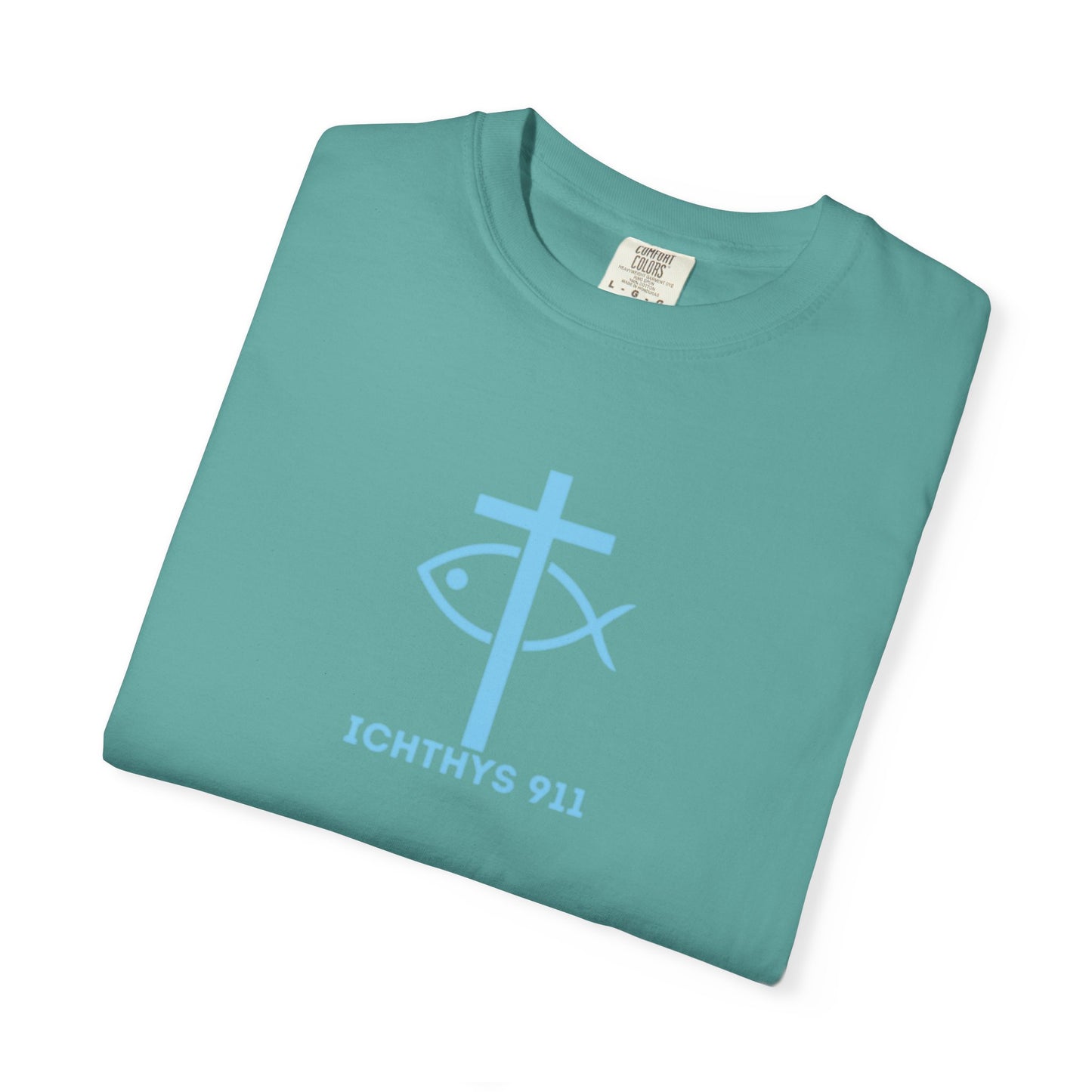 ICHTHYS 911 - Blue Font "Iēsous Christos, Theou Yios, Sōtēr" - Garment-Dyed - 100% US Cotton - Unisex T-Shirt - Men T-Shirt - Women T-Shirt - Christian Symbol - Greek - Faith Inspired -Christian Streetwear – Jesus Gym & Faith Fashion, Unisex Garment