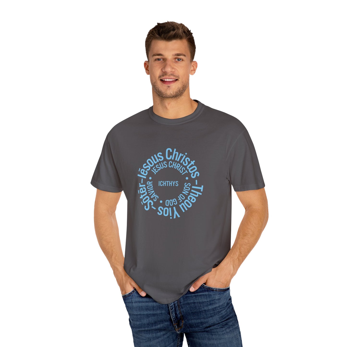 ICHTHYS 911 Blue Font "Iēsous Christos, Theou Yios, Sōtēr" - Reverse - Collection - Unisex - Christian Graphic Tee - Gym - T - Christian Faith - Jesus Wear - Women T-Shirt - Men T-Shirt